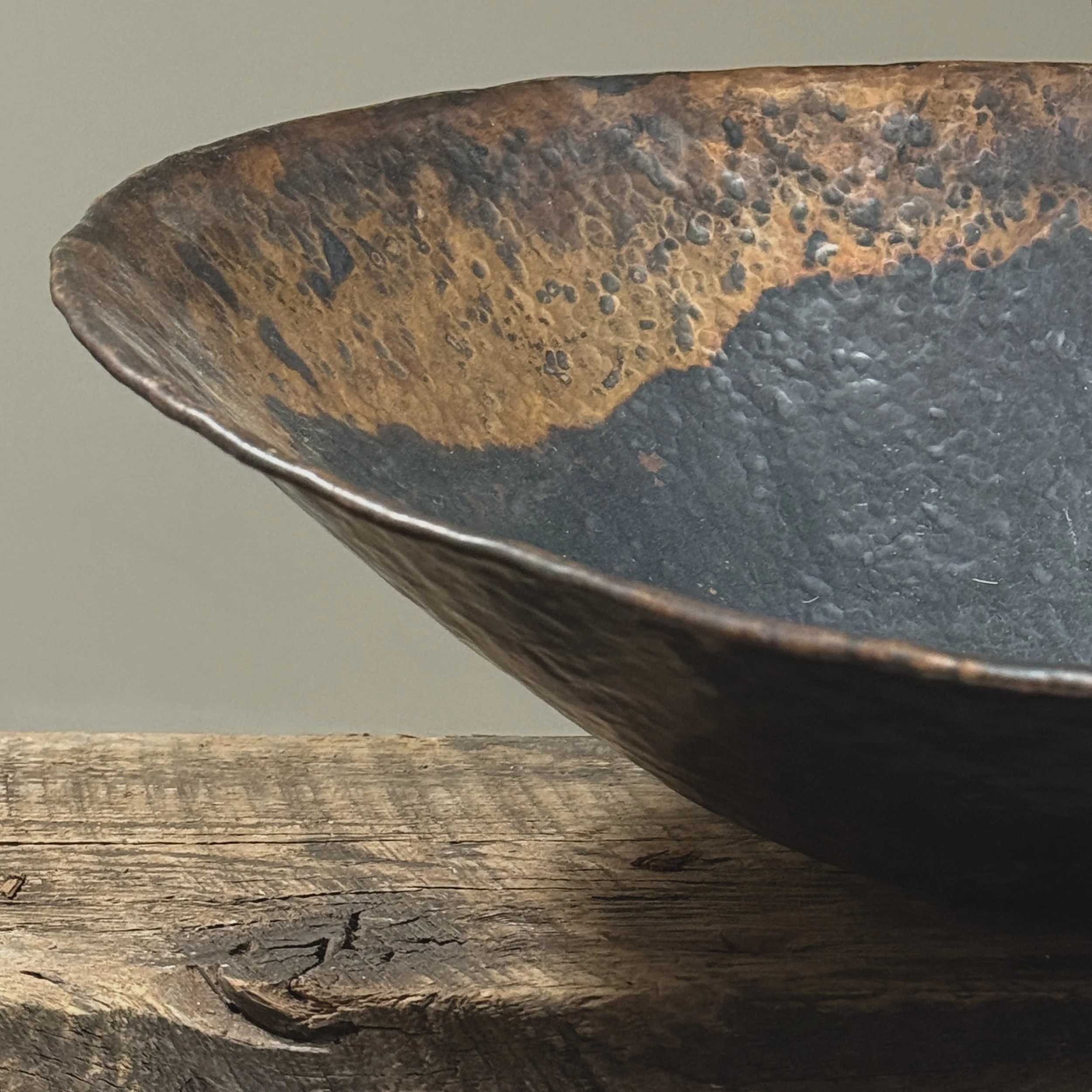 Detail of patinated copper surface on Brutalist Di Bona vessel