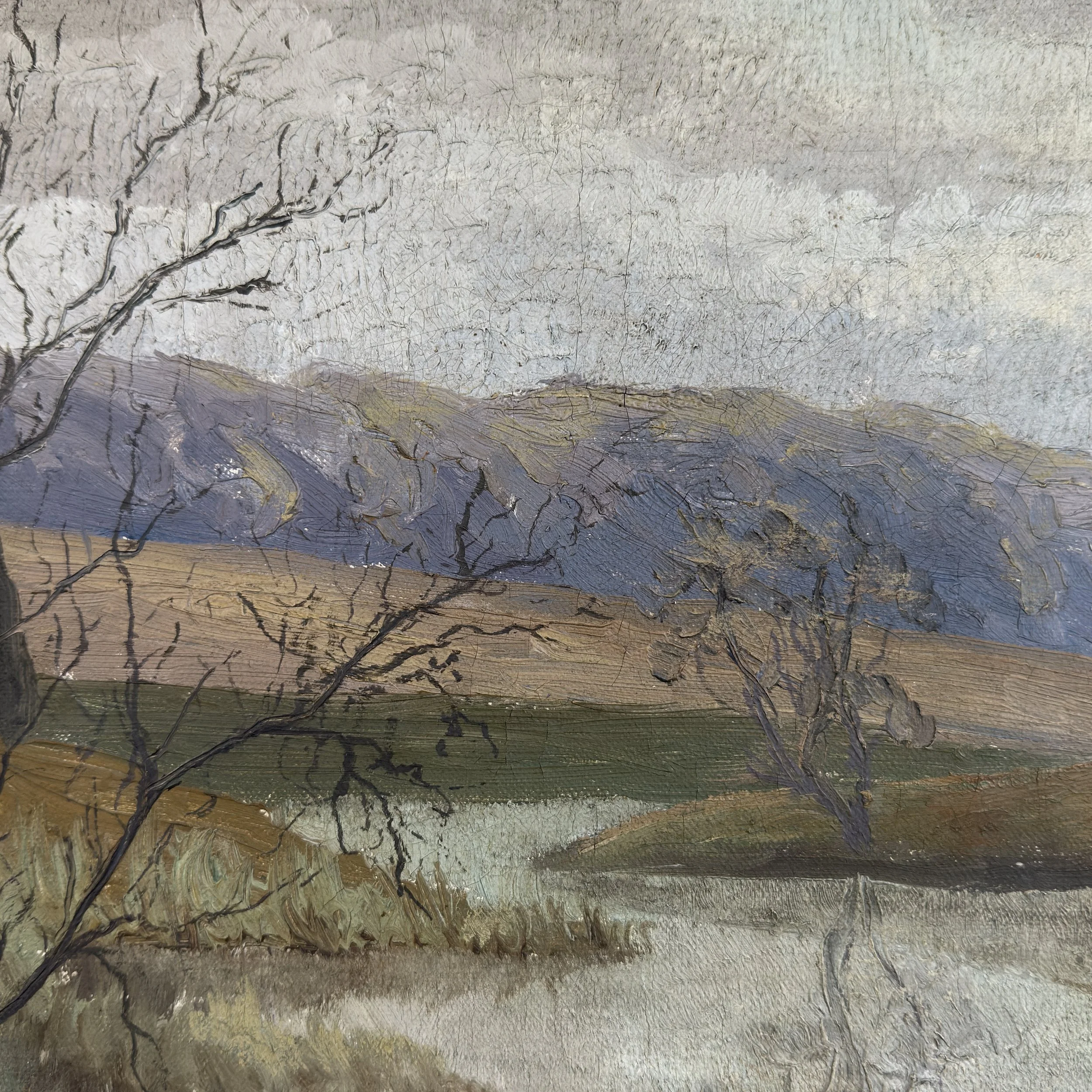 Close-up detail heavily textured paint surface winter landscape cottage river 1930