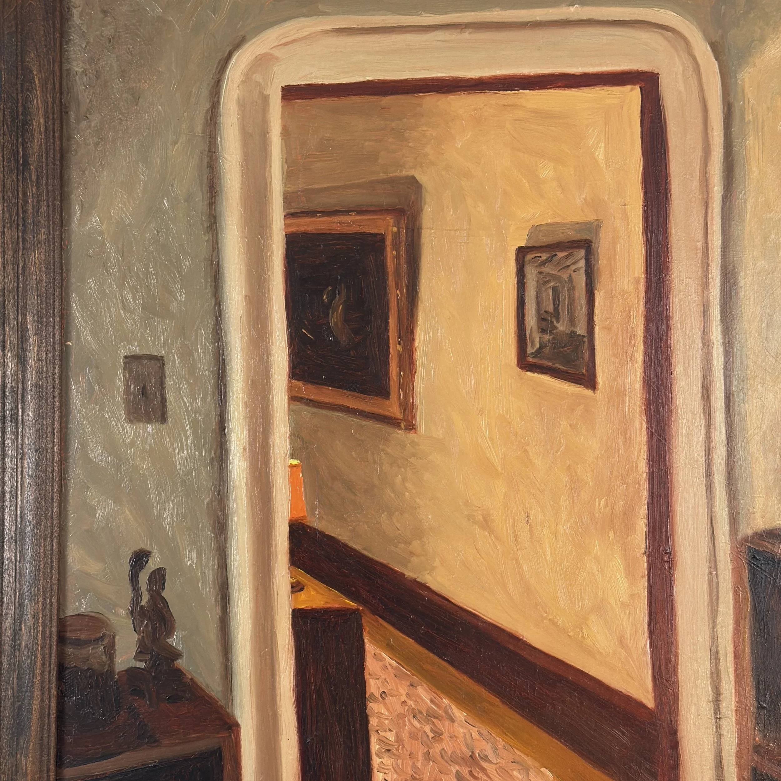 Expressionist interior painting, dimly lit room, lamp and bookshelf, J.D. Sine