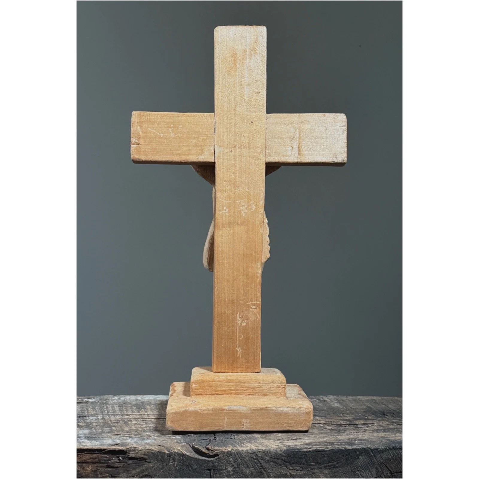 Vintage European hand-carved wooden crucifix sculpture back view.