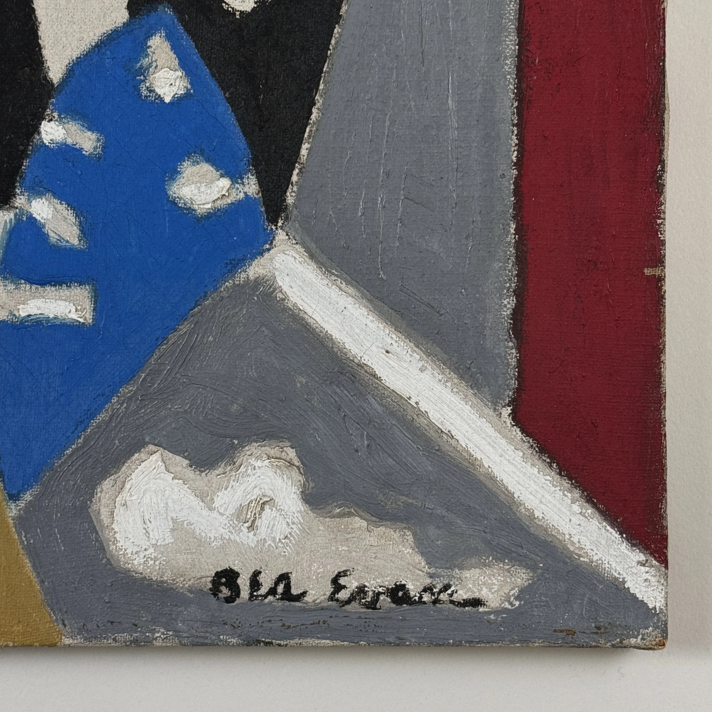 Bea Evan abstract still life, oil on canvas, red background, signed