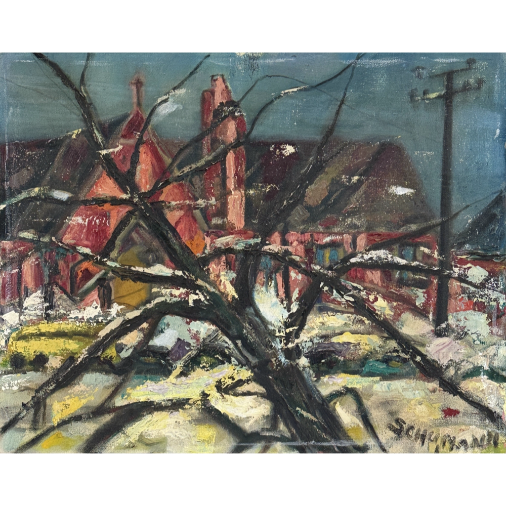Vintage Expressionist winter cityscape. Snow-covered bare tree in foreground. Church in background. 16 by 20 inches.