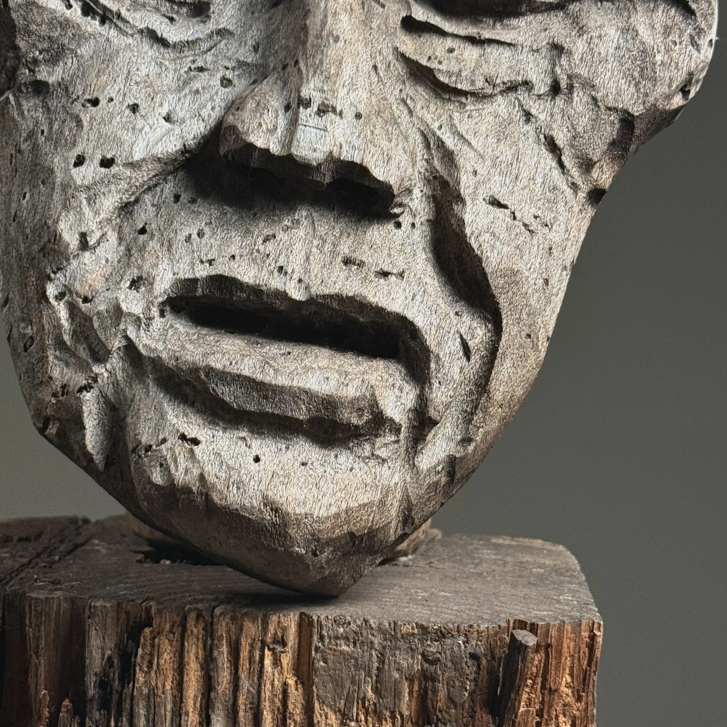 Grey washed patina detail, folk art wood sculpture