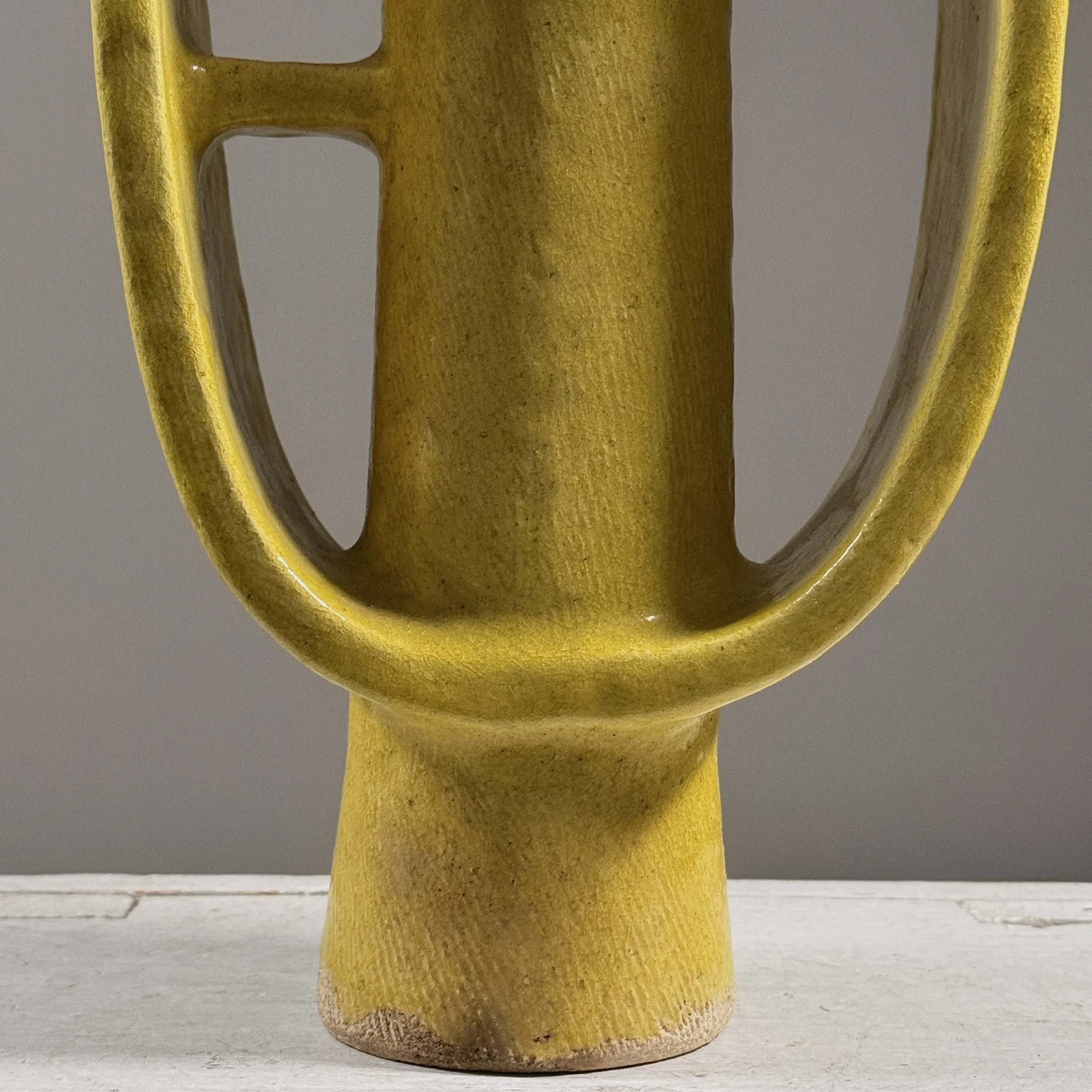 Yellow glazed ikebana vase with two wings and central cylinder, Japanese Postmodernist