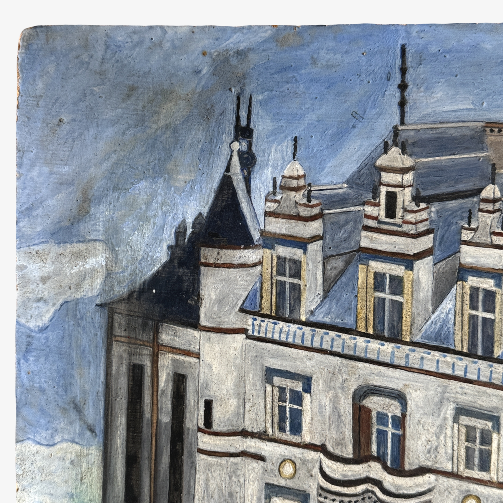 Detail of the château’s towers and rooflines in an antique gouache painting