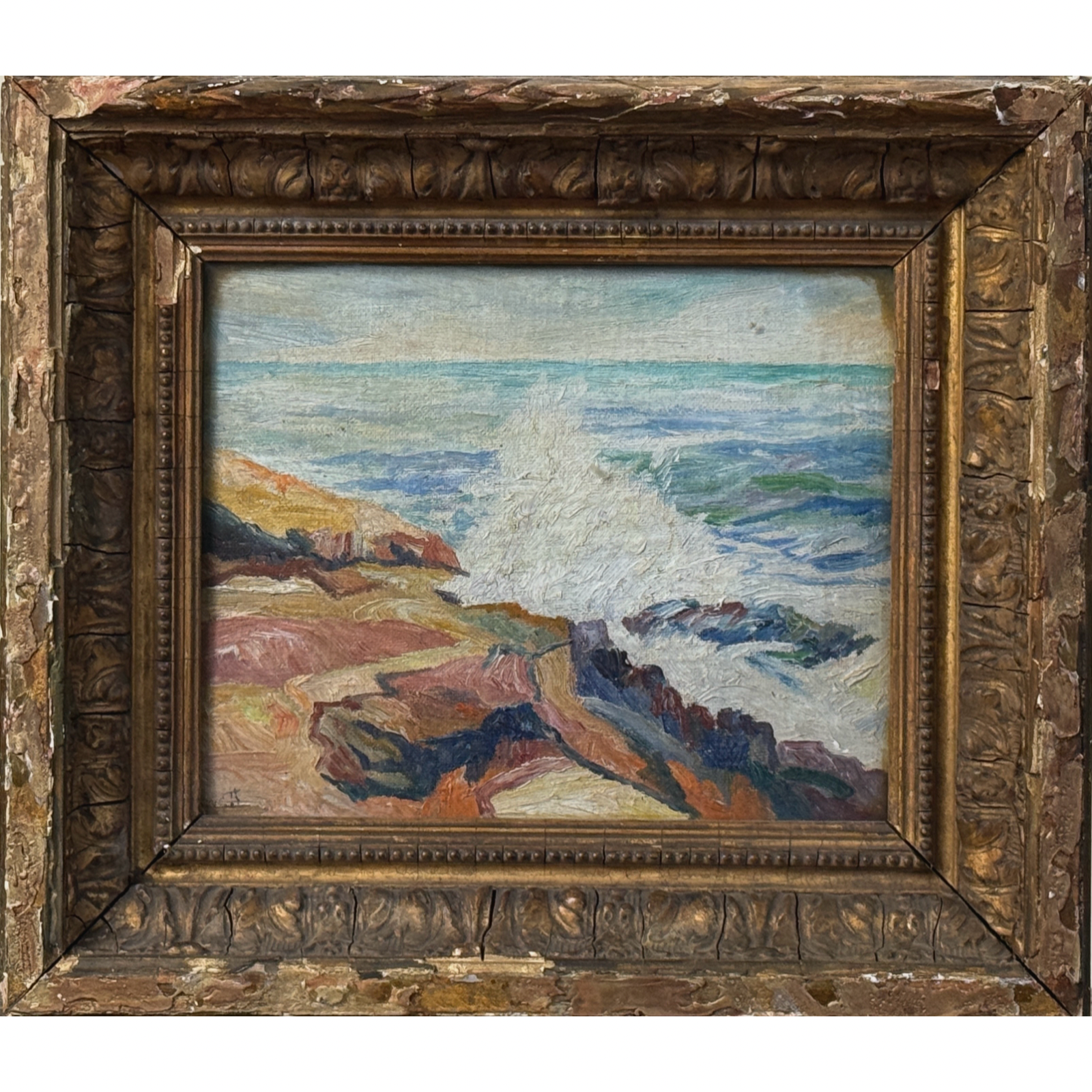 Antique Impressionist seascape. Oil on board. Rocky shore and crashing waves. 10.75 by 9.5 inches framed.