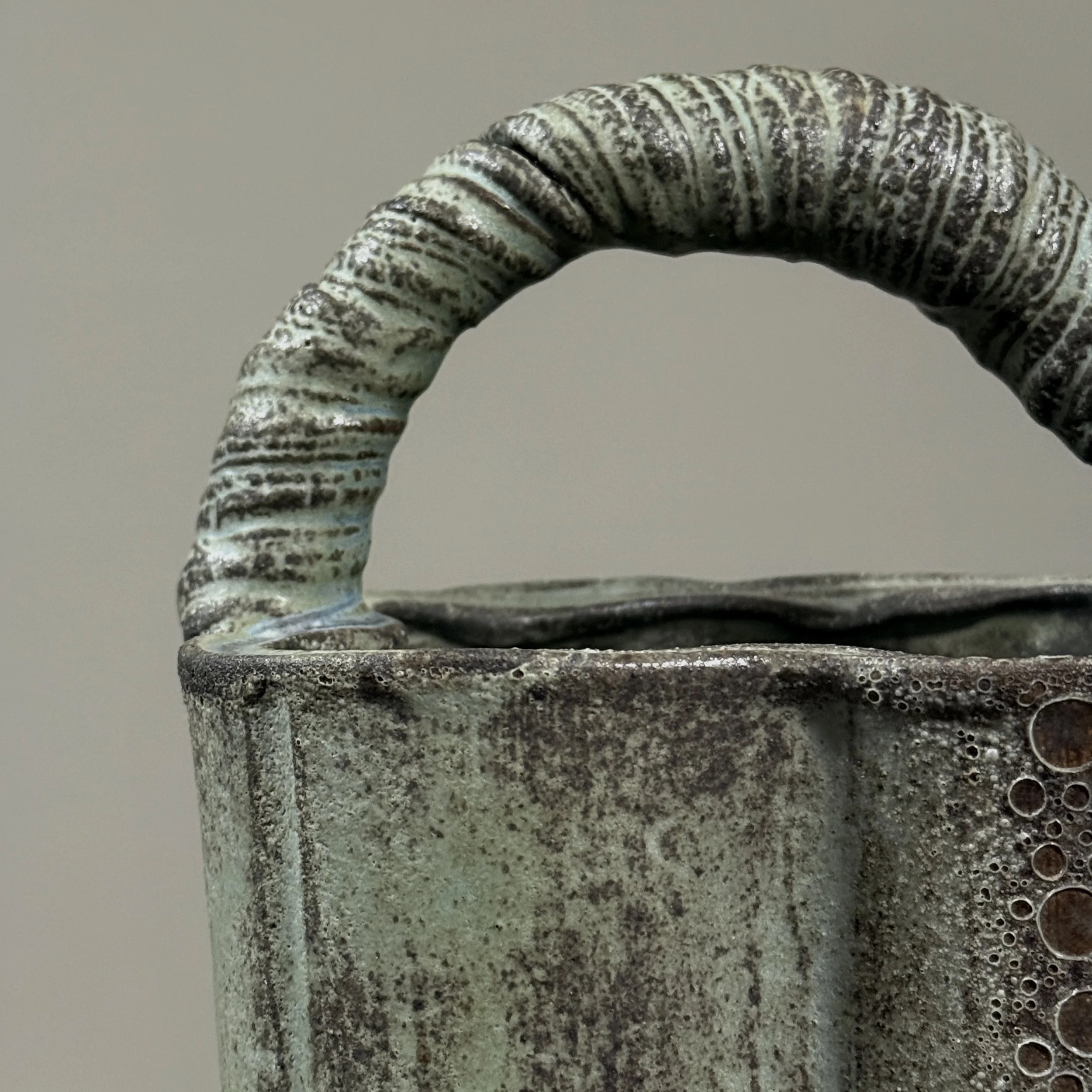 Seiko Kato Behr greenish-blue glazed stoneware vessel with hand-coiled handle