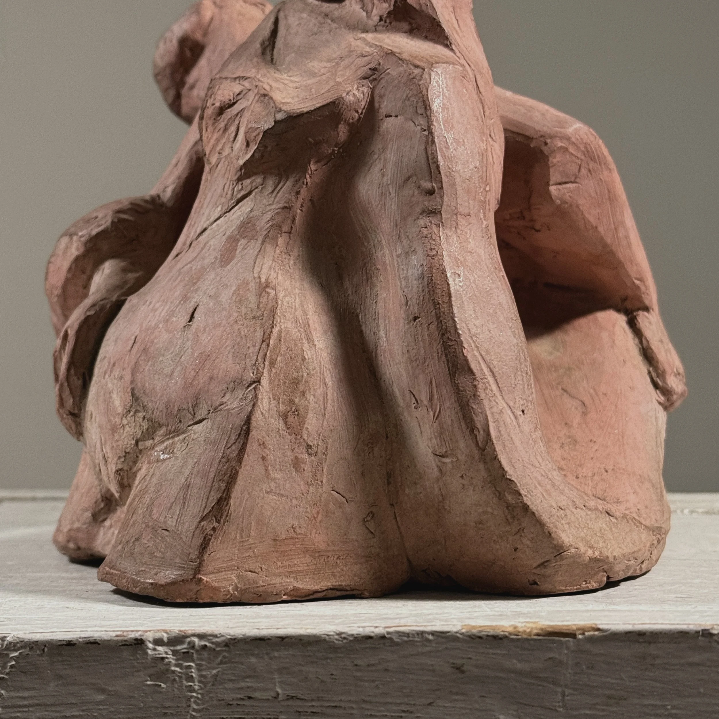 Vintage modernist figurative terracotta sculpture, two seated figures, signed