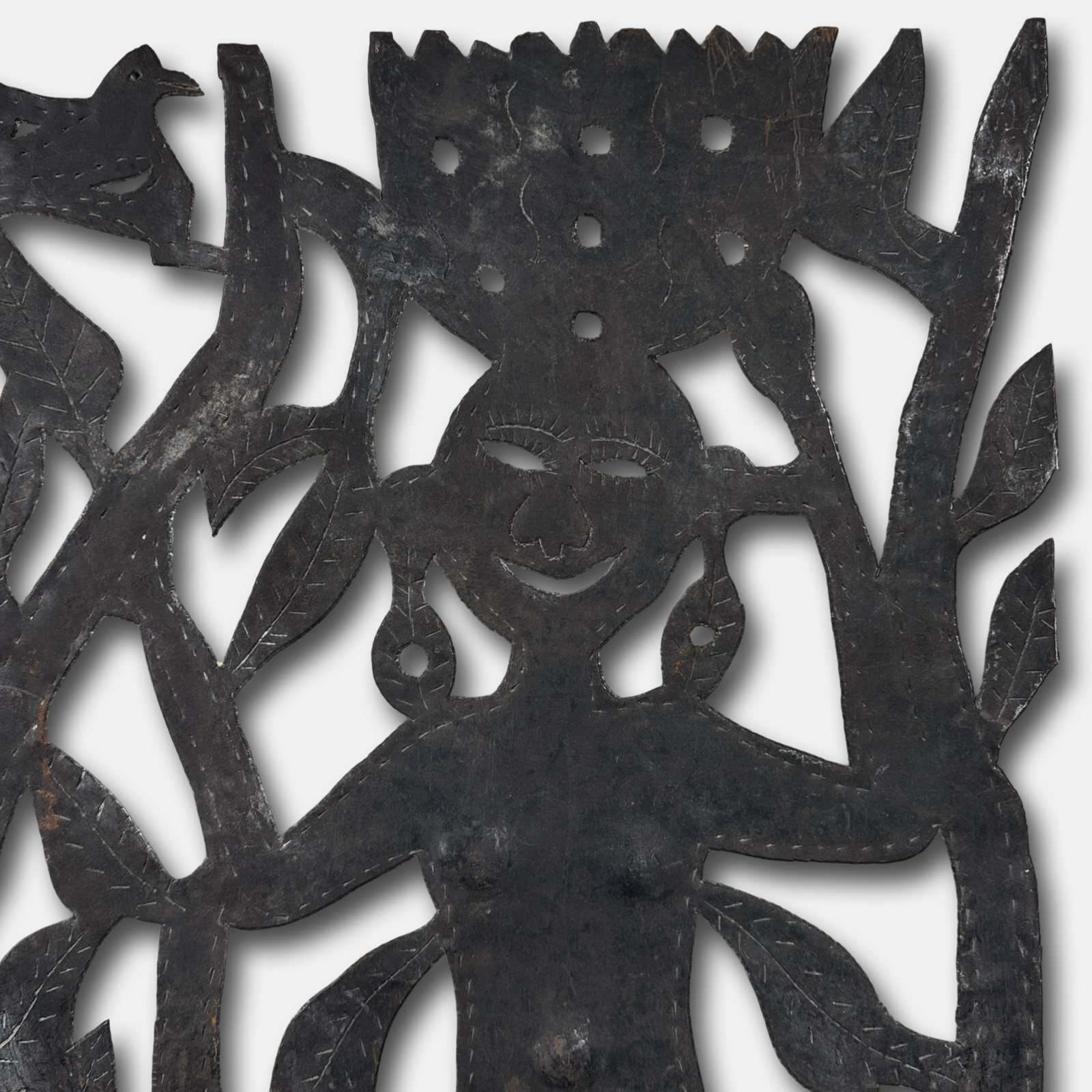 Vintage Haitian folk art cut metal sculpture of two figures and a tree, signed Gelot