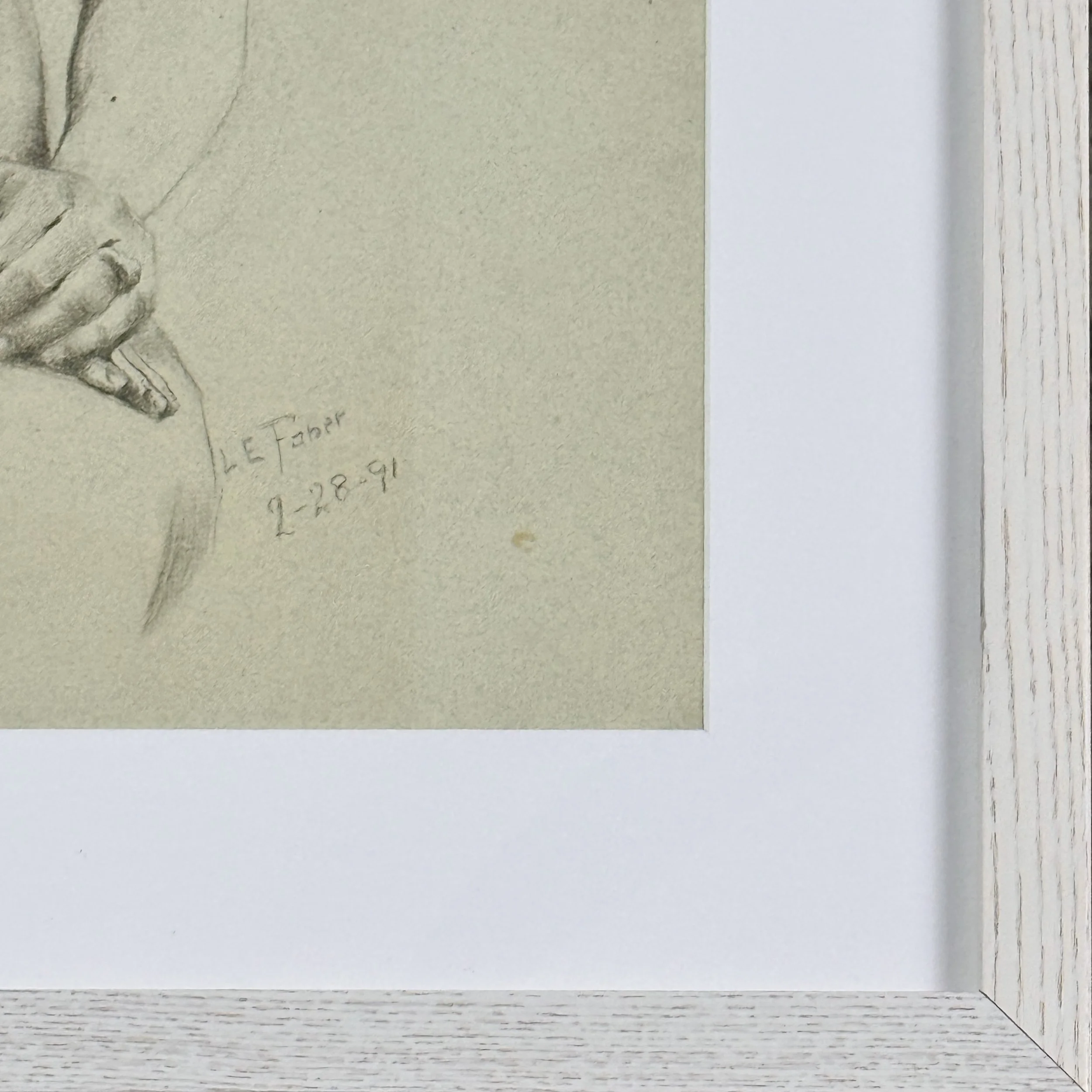 Close-up of the artist's signature and date "2-28-91" in the lower right corner of the charcoal drawing.