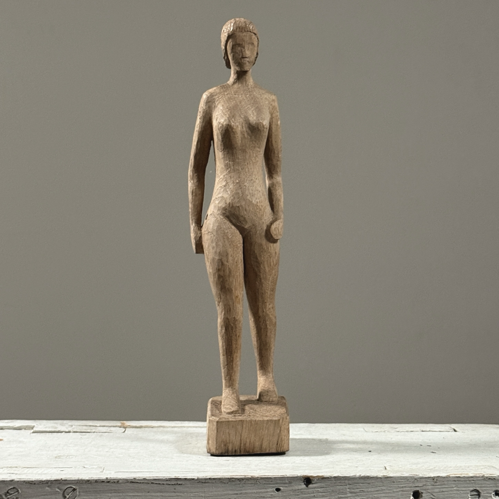 Full front view of vintage hand carved Danish modernist figurative sculpture, female nude, raw wood, unsigned, 13 inches tall