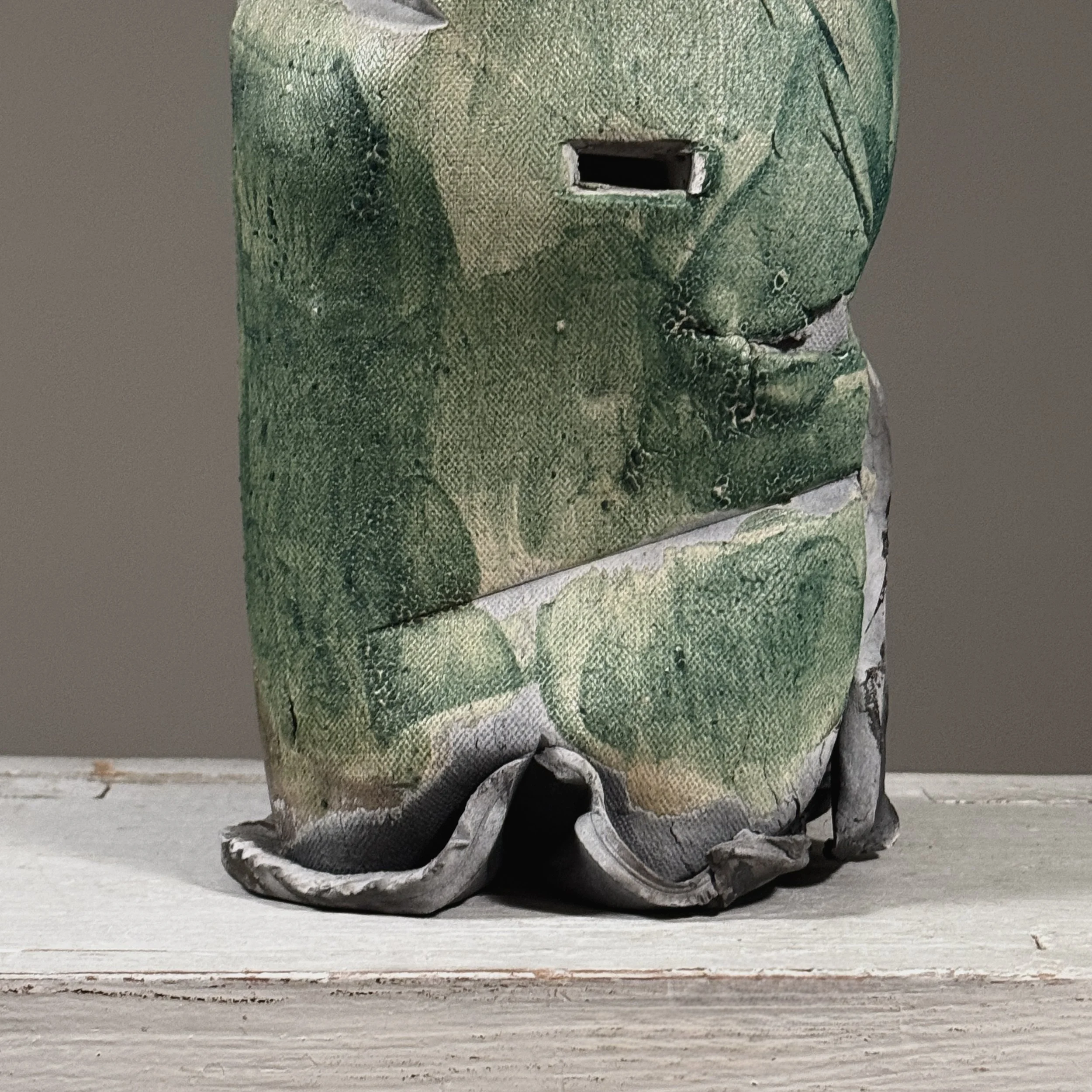 Vintage postmodernist slab-built stoneware vessel, iridescent oxblood and green glaze