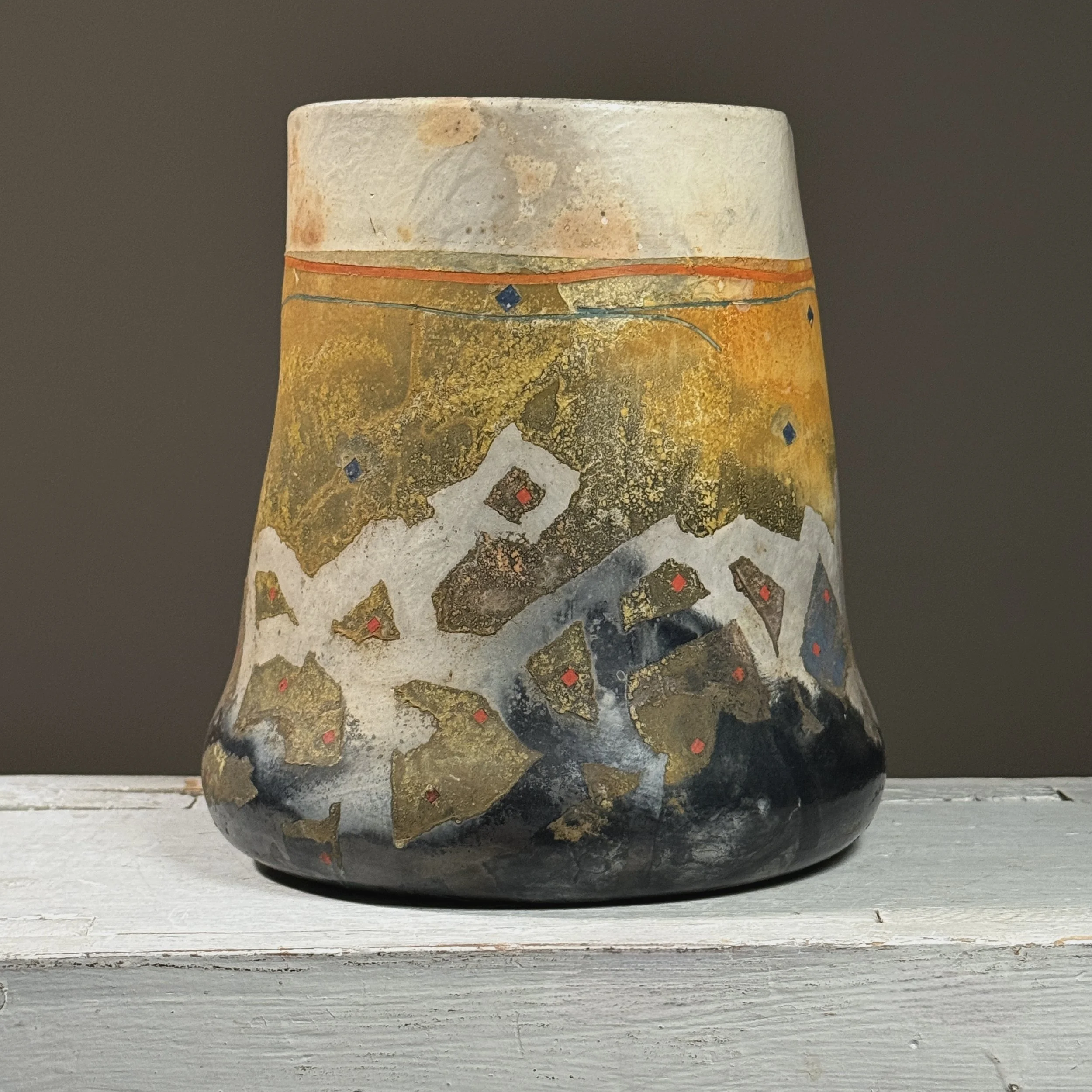 Bennett Bean abstract expressionist ceramic vessel. Pit-fired earthenware. 8.38 inches high.