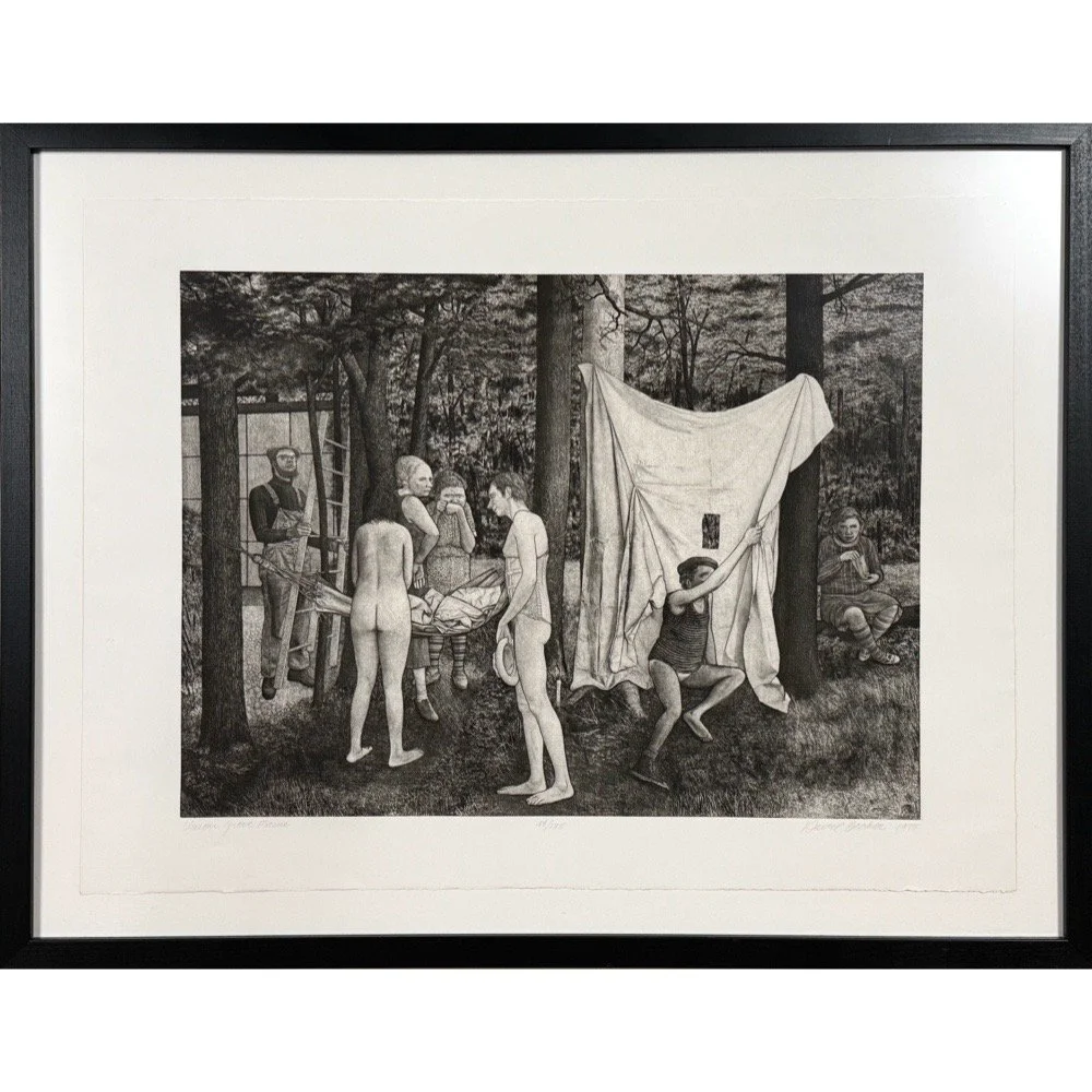 Full view of Becker's Union Grove Picnic etching, presented in a black frame with non-glare acrylic.
