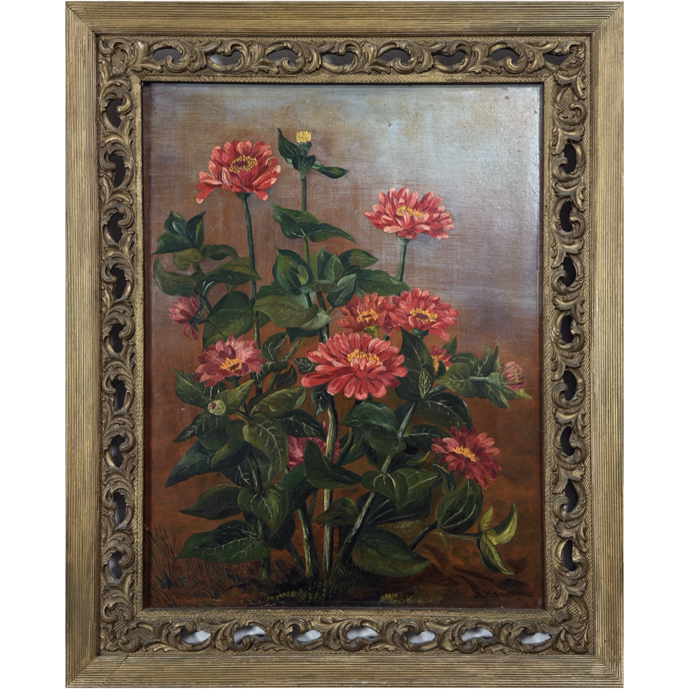 Antique still life of a coral zinnia bush, signed, realist painting