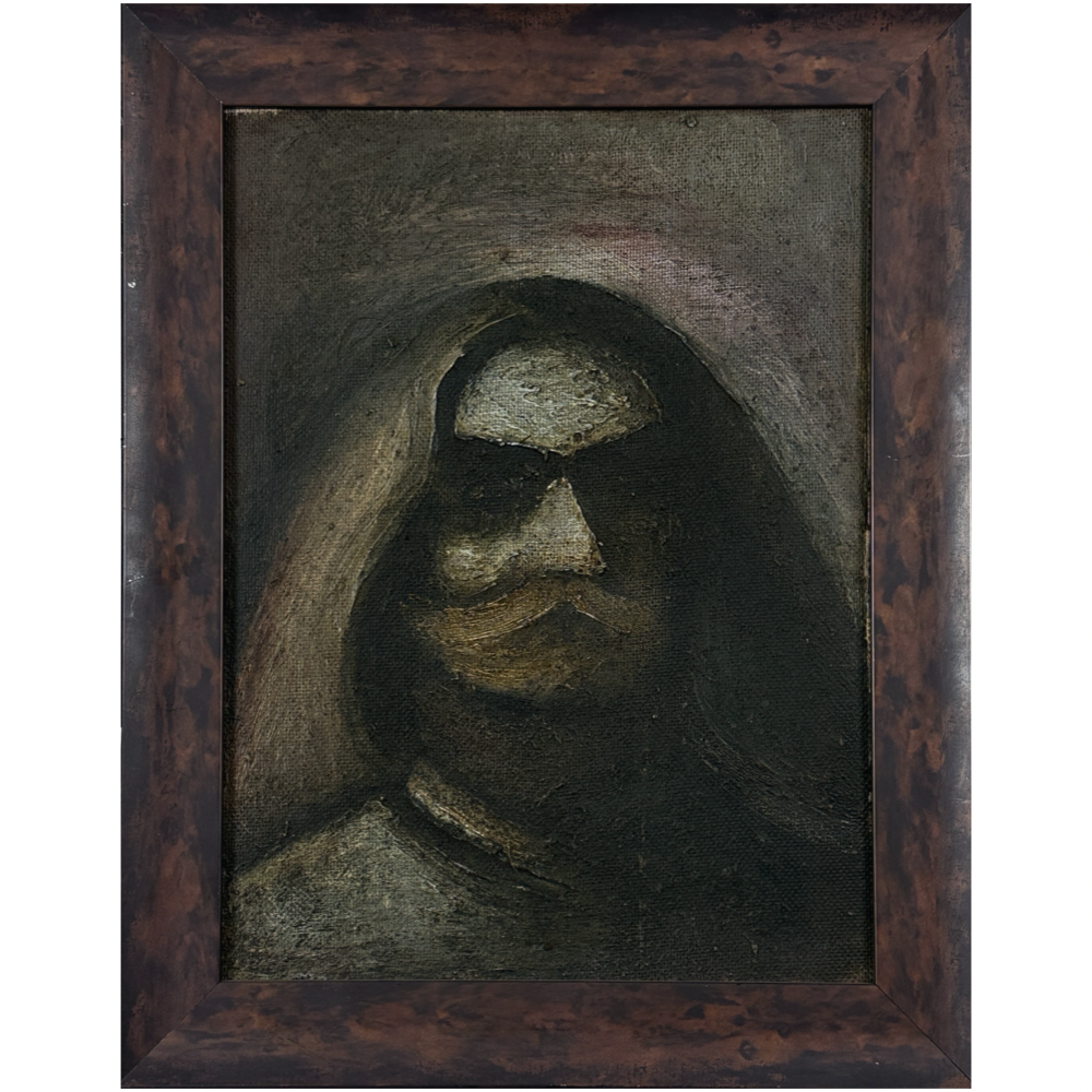 Vintage dark folk art impasto portrait of bearded man, oil on canvas