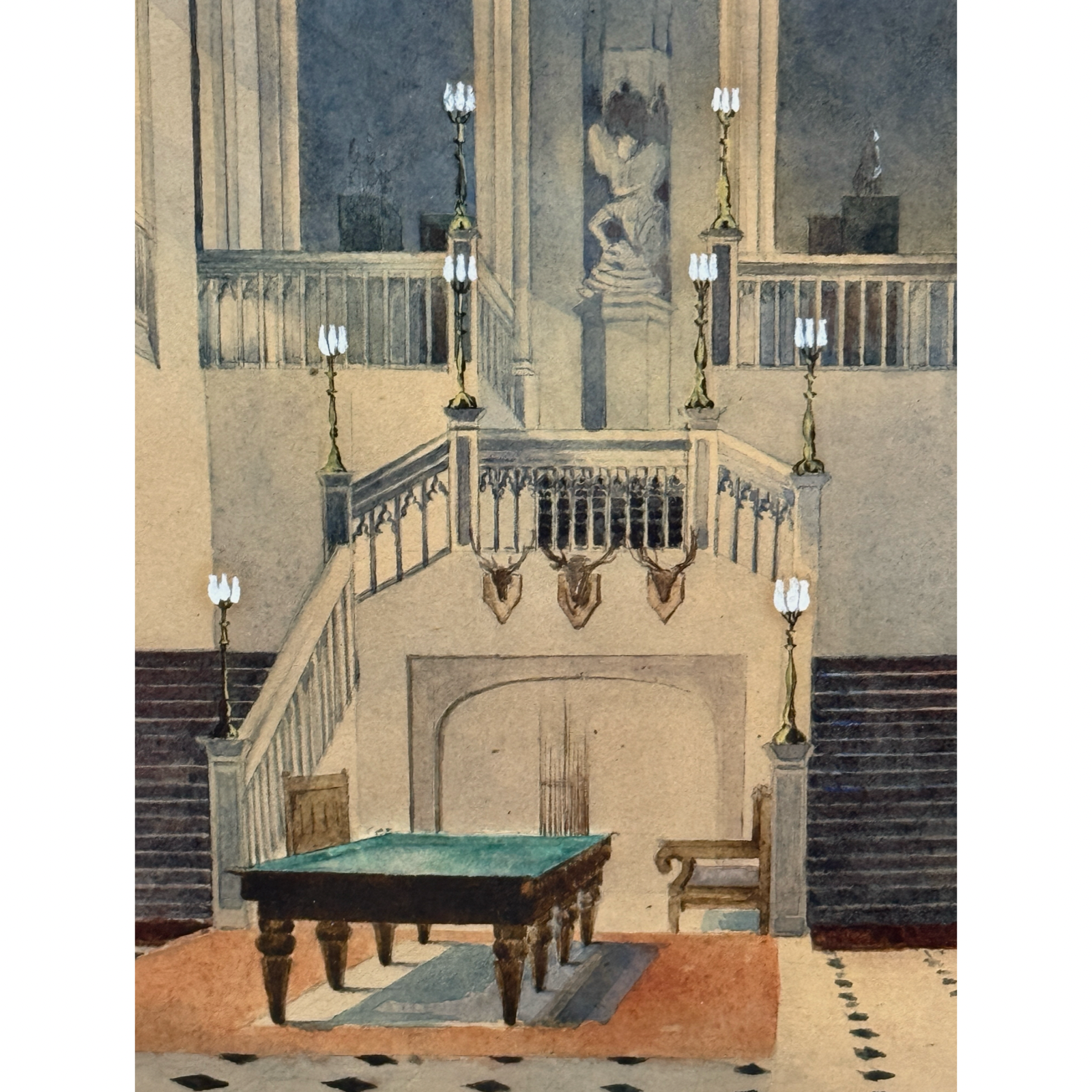 Detail of Gothic Revival interior watercolor, Ravensworth Castle great hall, signed