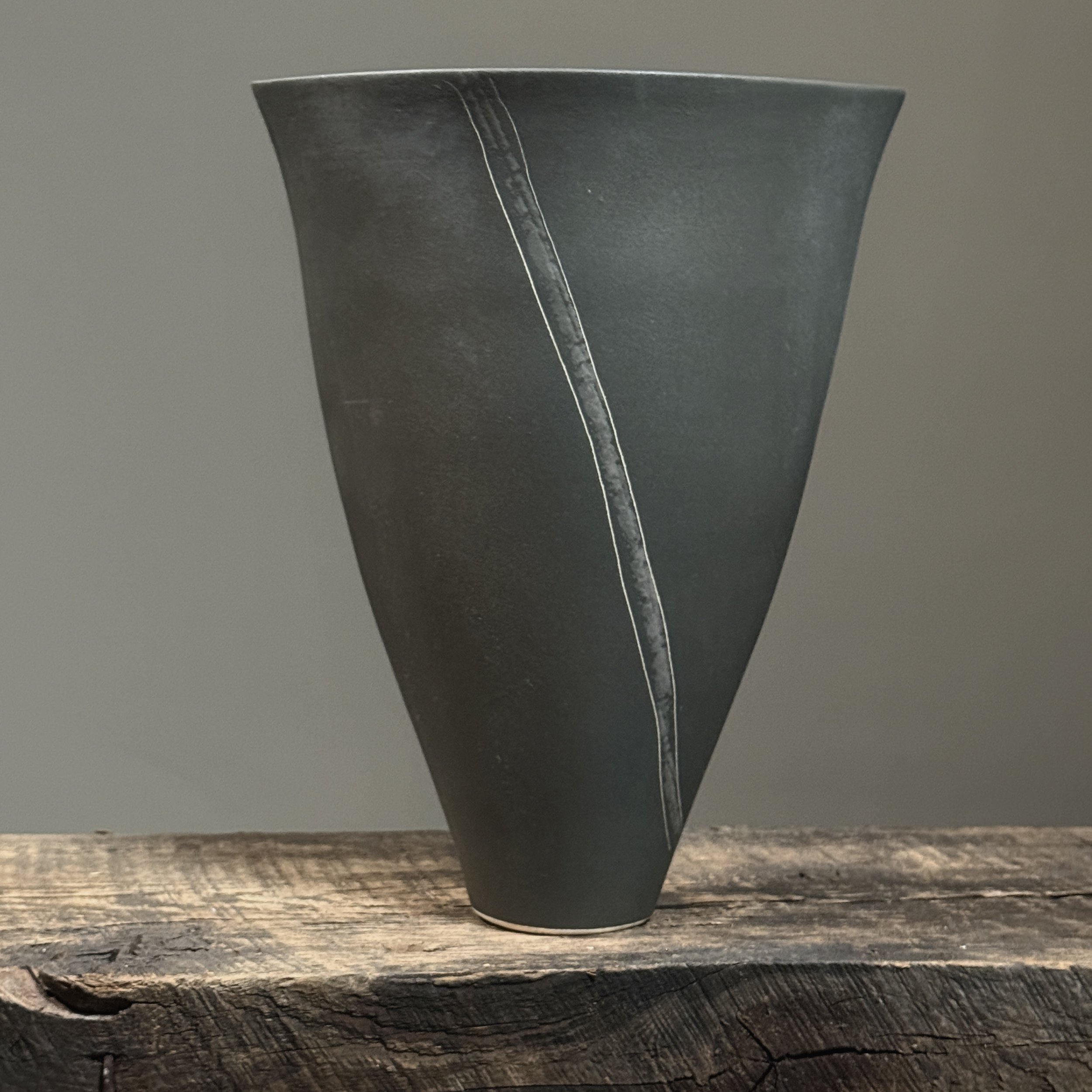 Vintage Postmodernist Japanese black matte porcelain ikebana vase. V-shaped. 10.5 inches height.