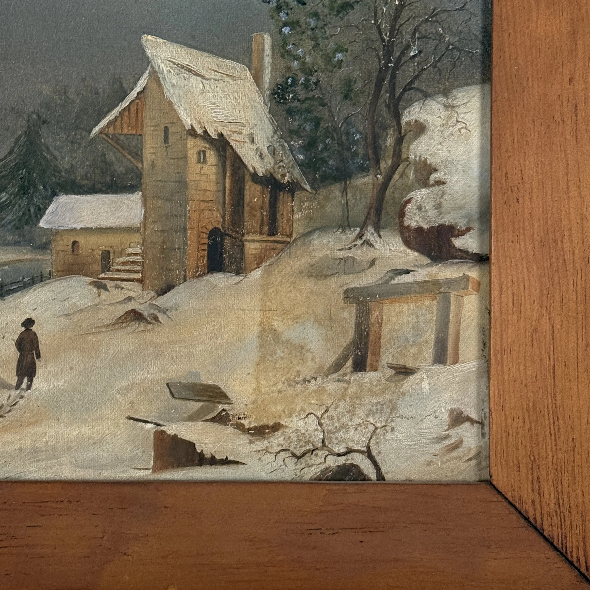 Antique folk art winter landscape with figure, signed, oil on canvas