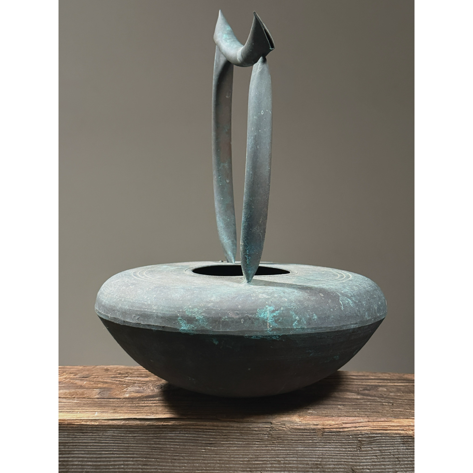 Vintage Japanese Modernist verdigris metal vessel with handle. 15 inches height by 10.75 inches diameter.