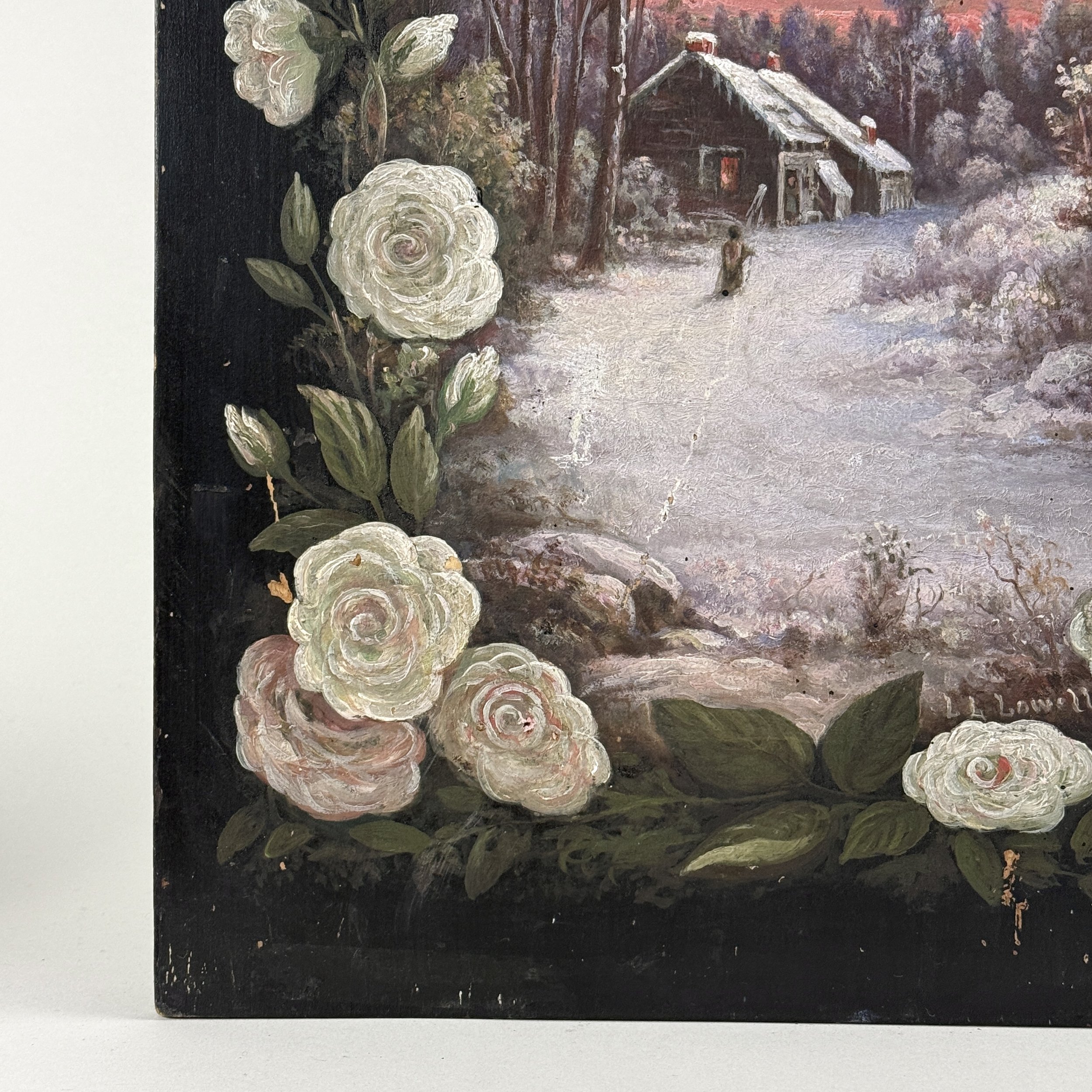White rose detail. Border decoration along edge of painting.
