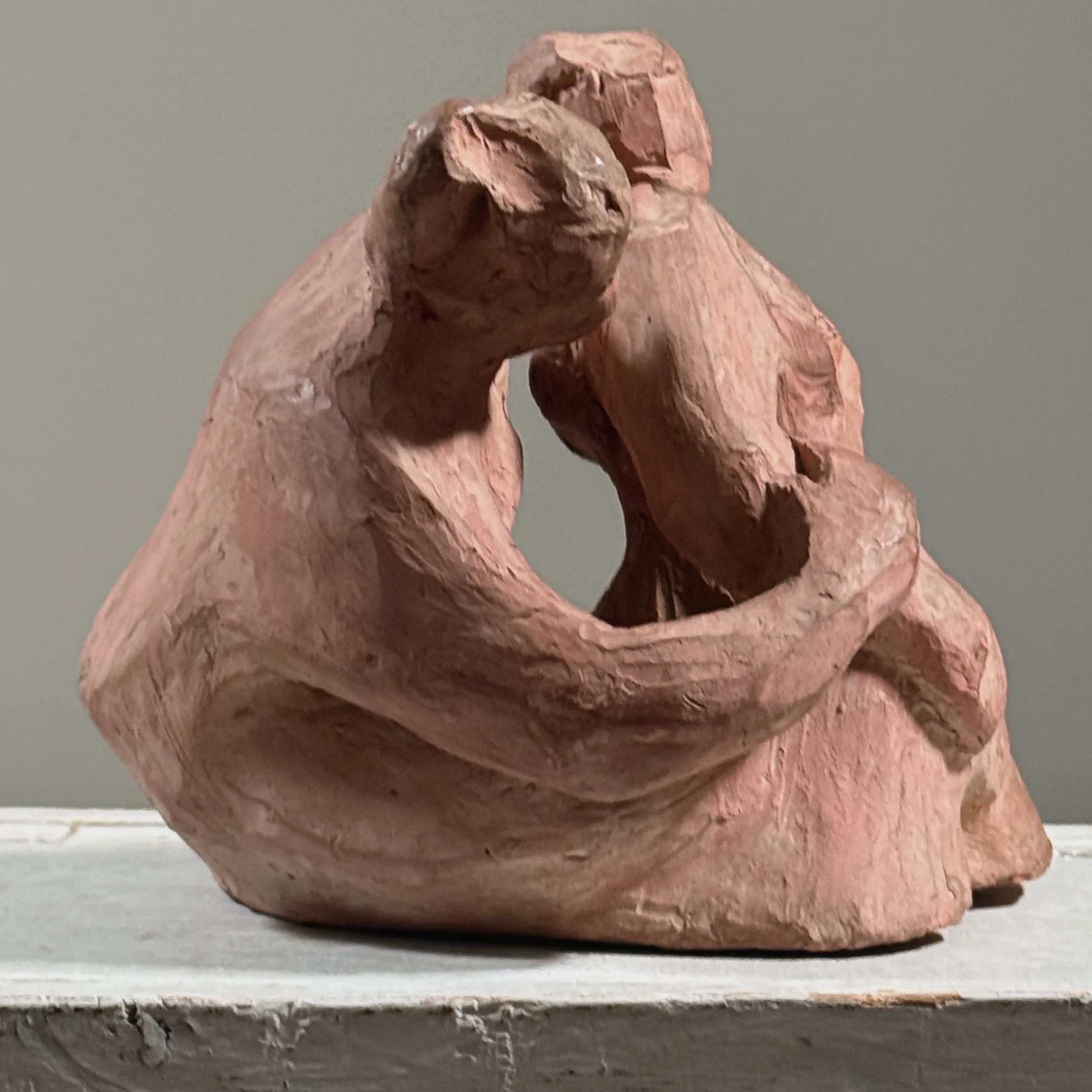Vintage modernist figurative terracotta sculpture, two seated figures, signed