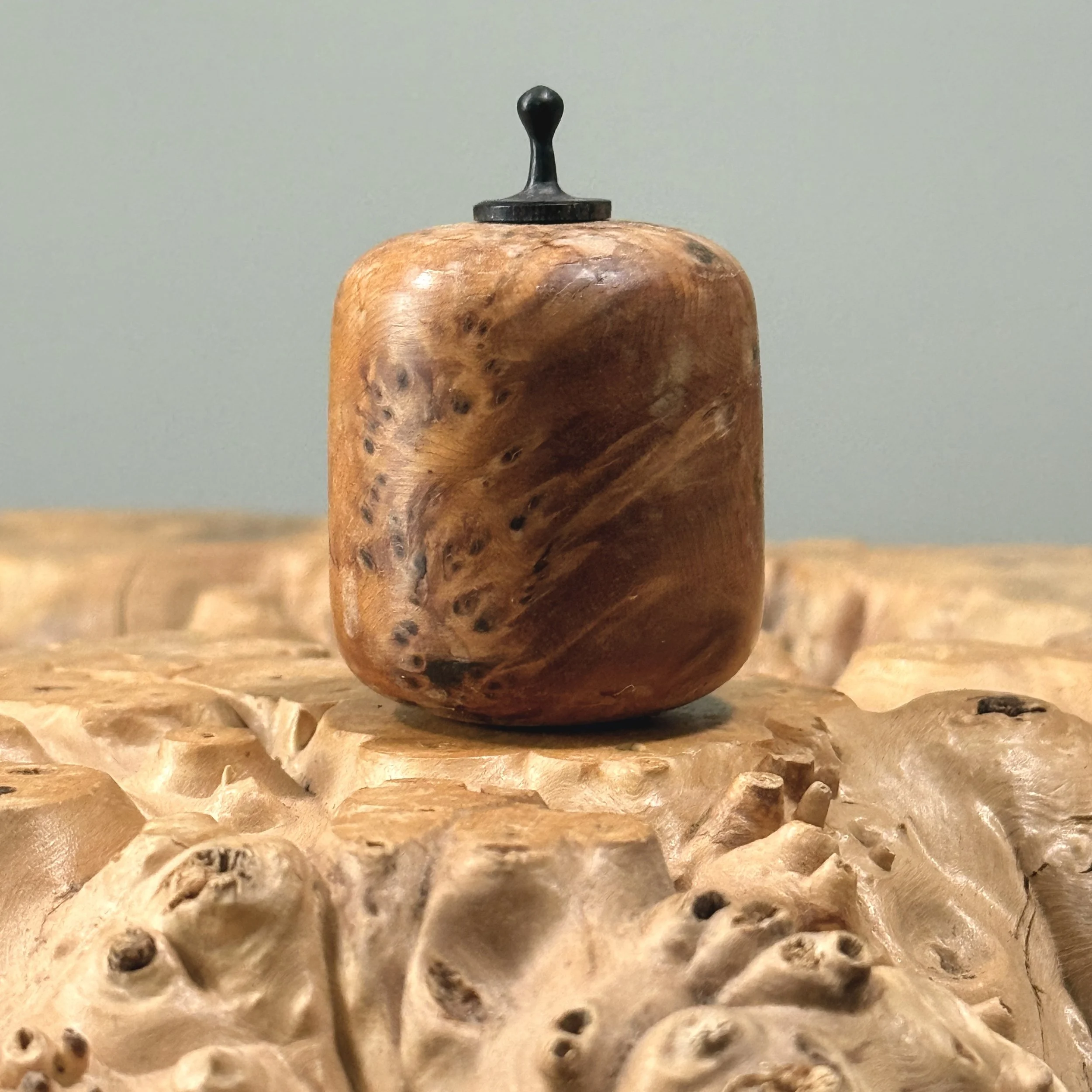 Vintage hand turned cherry burl wood miniature vessel with ebony finial on white background.