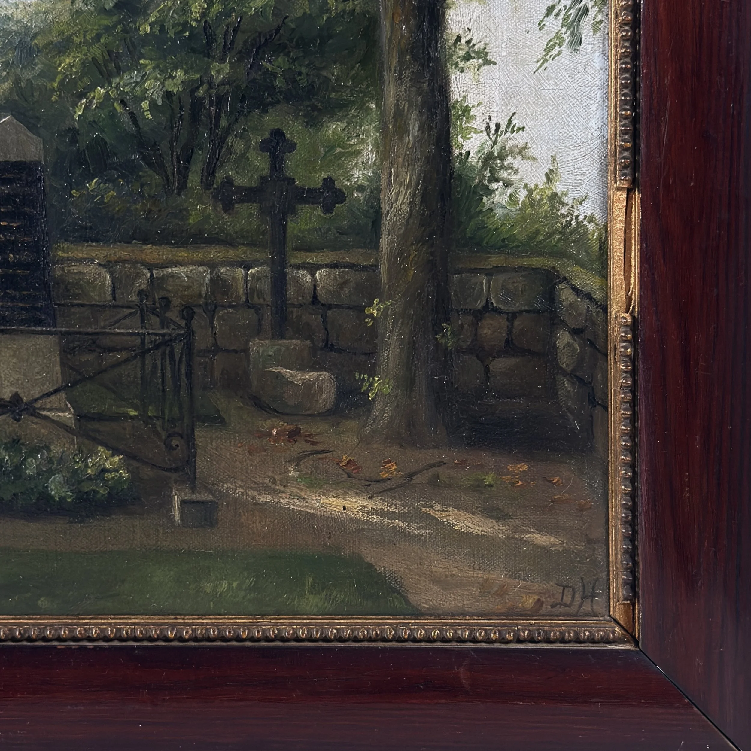 Detail view of cemetery landscape and grave site in antique Danish Folk Art painting of General Bülow's grave, oil on canvas, 1907