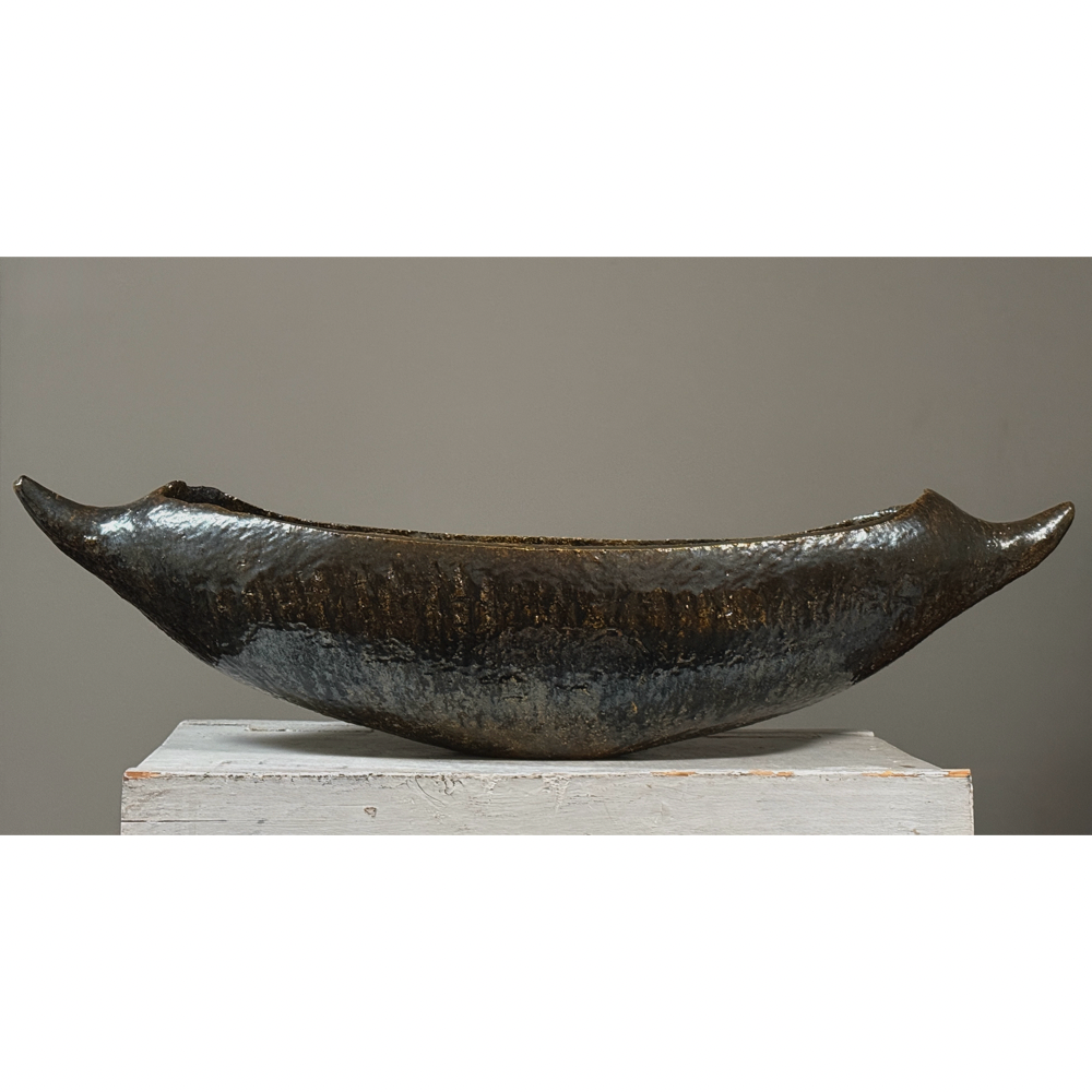 Large Vintage Japanese Brutalist Abstract Boat-Shaped Wood Fired Stoneware Vessel, Signed