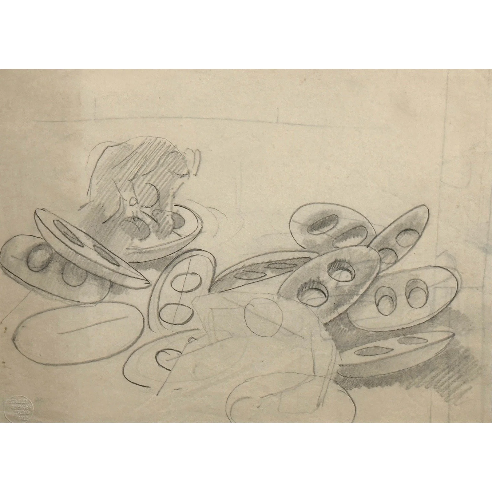 Stanley Spencer drawing showing leaning worker in upper right corner