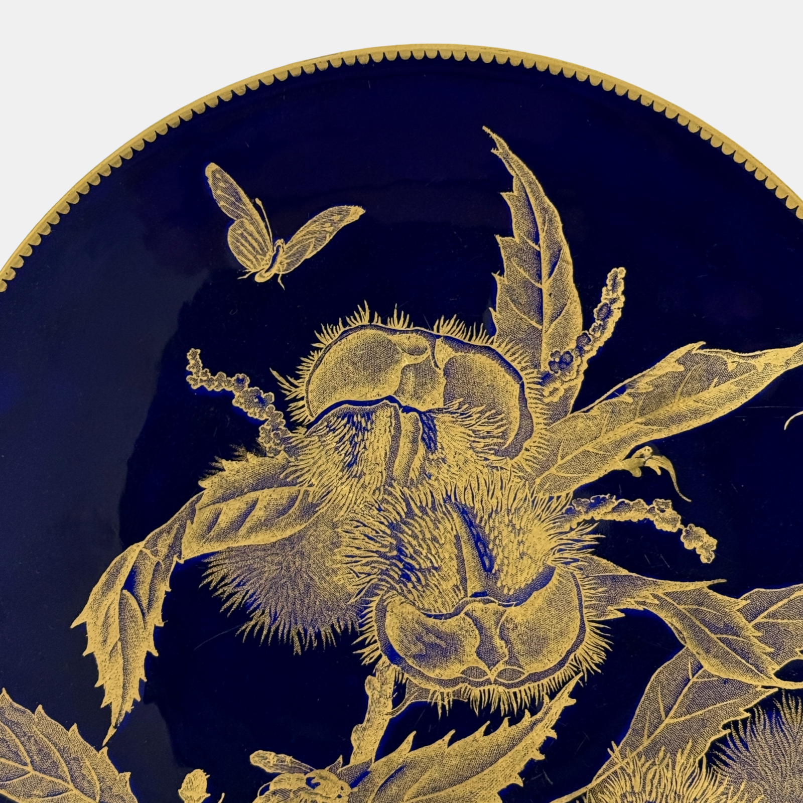 Pair of Brownfield English porcelain Aesthetic period plates, cobalt and gold, chestnut and peach motifs