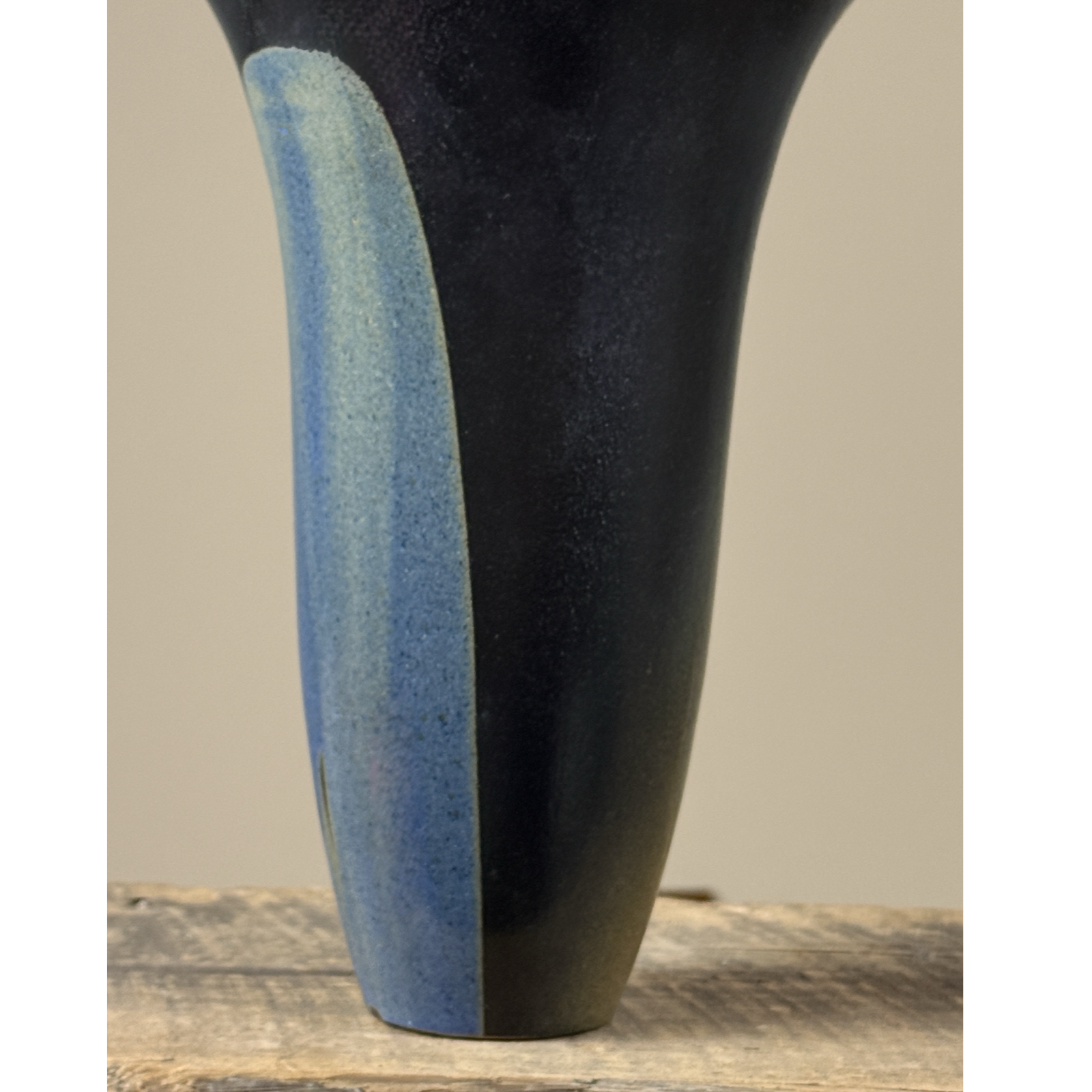 Vintage Japanese Modernist speckled blue drip glaze trumpet vase, signed