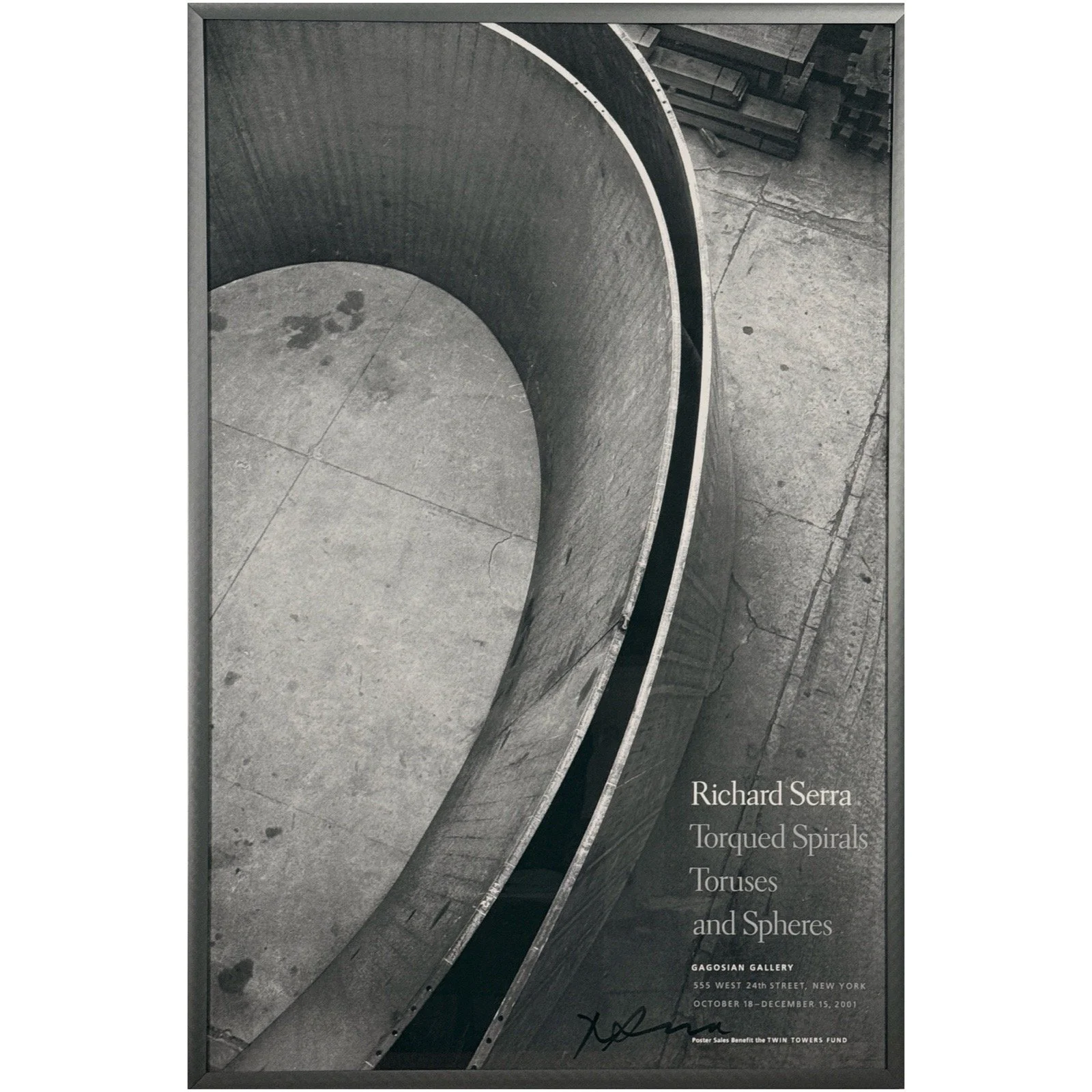 Full front view of the framed Richard Serra exhibition poster in its graphite metal frame.