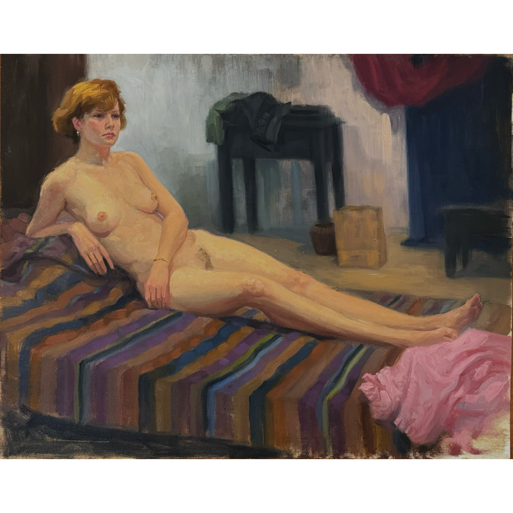 Vintage realist oil study of reclining nude woman. 21 by 17 inches framed.