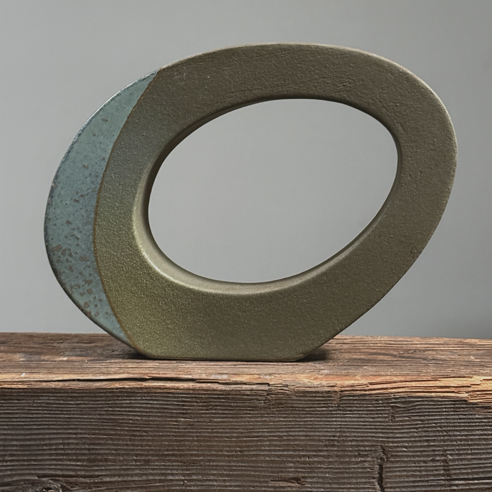 Vintage Postmodernist Japanese ikebana oval green vase with light blue detail