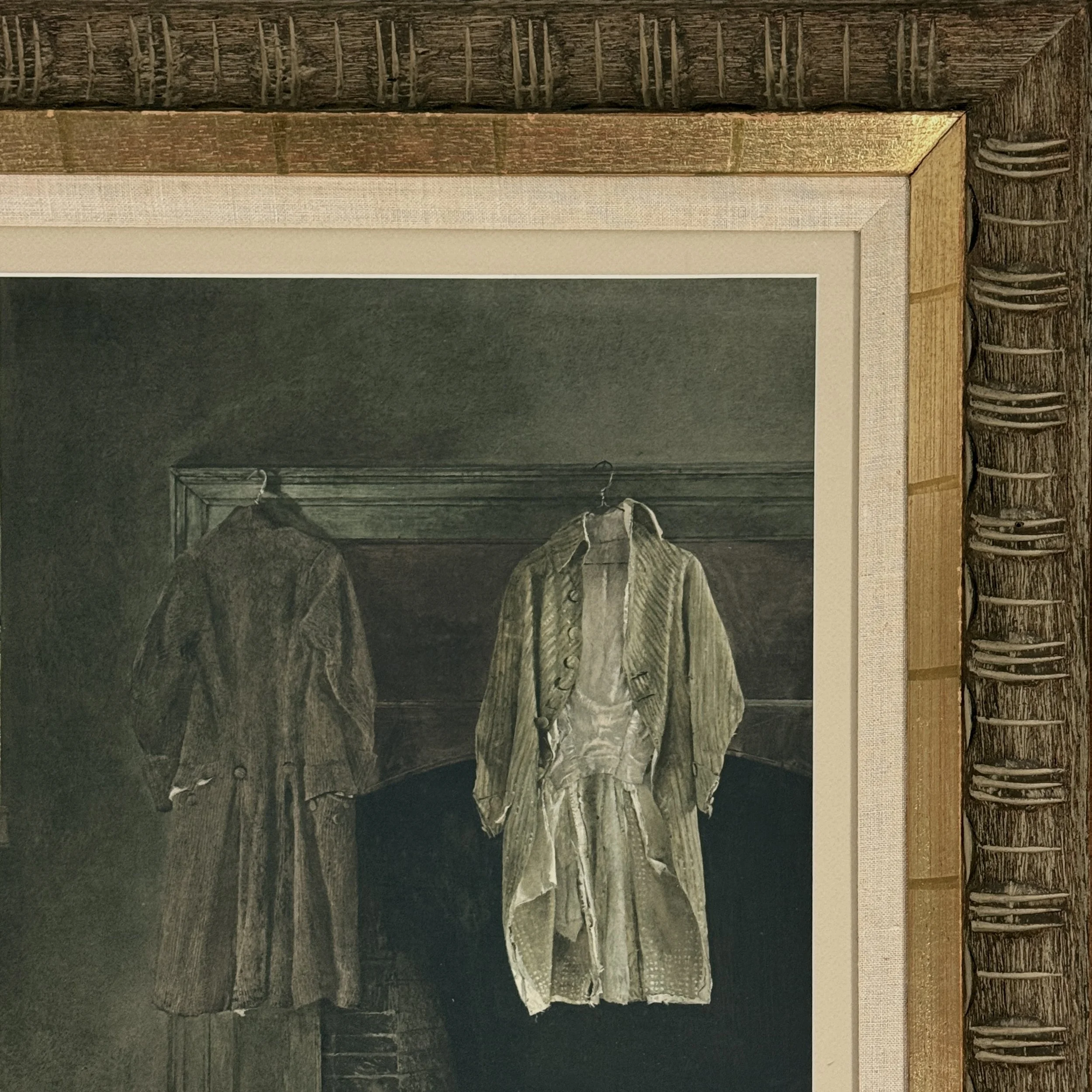 Detail of the print's corner, showing its interface with the mat and frame.