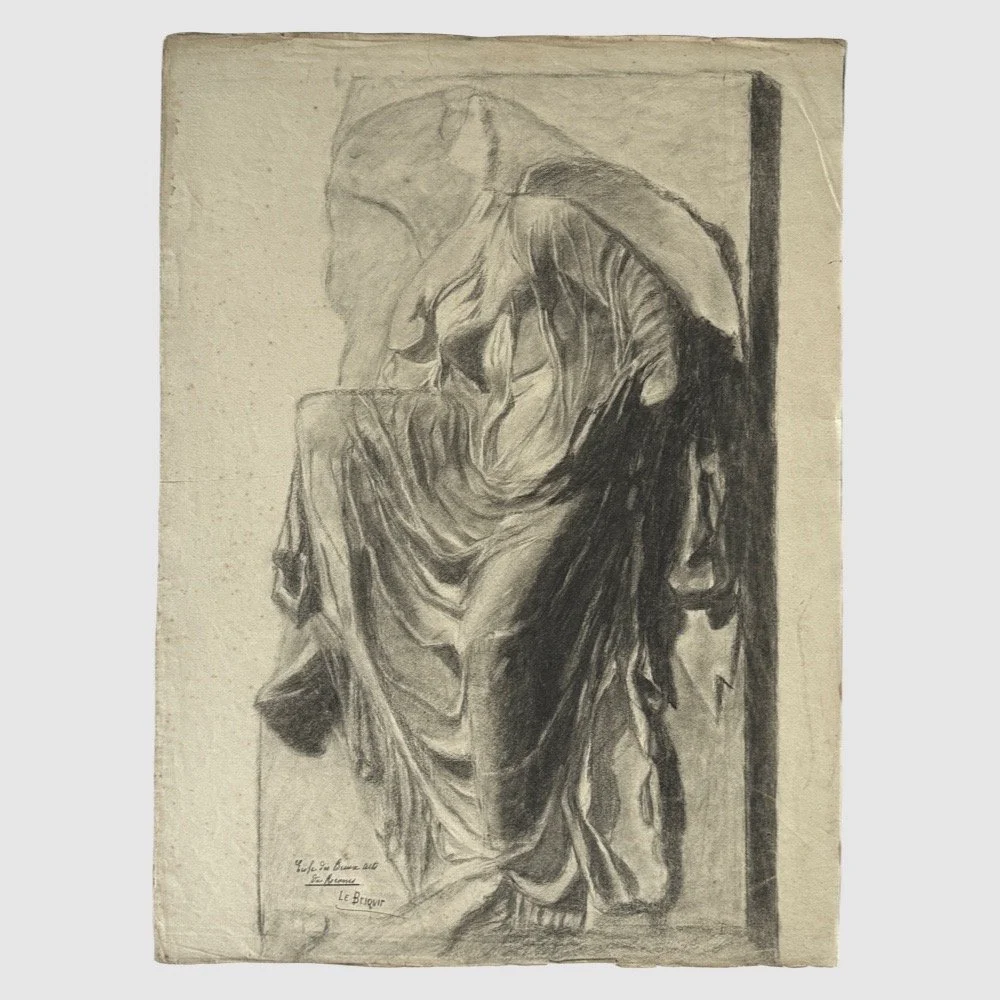 Antique French Beaux Arts Charcoal Study of ‘Nike Adjusting Her Sandal,’ Signed (Charcoal on Wove Paper)