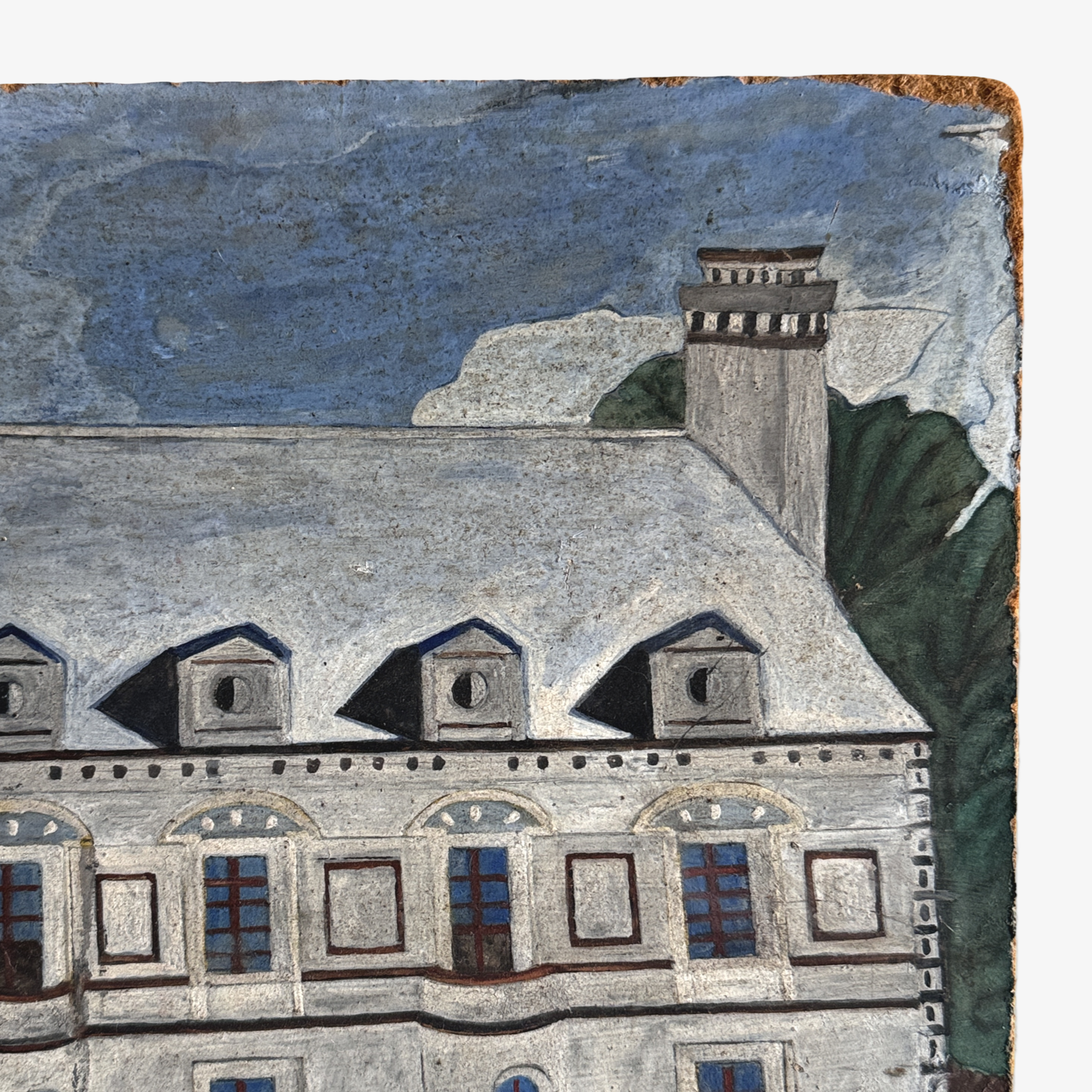 Detail of the château’s towers and rooflines in an antique gouache painting