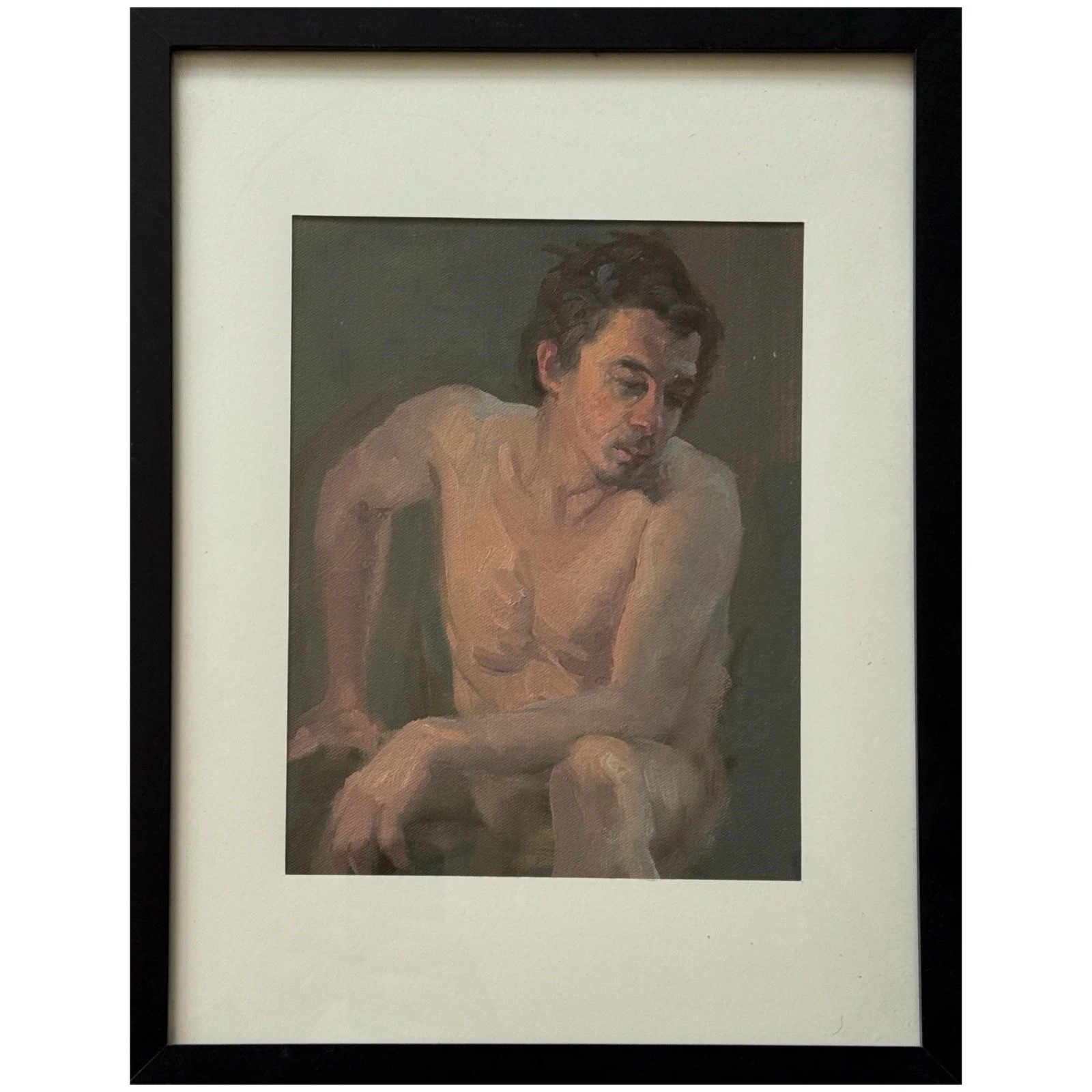 Framed mid-century male figurative nude study under glass