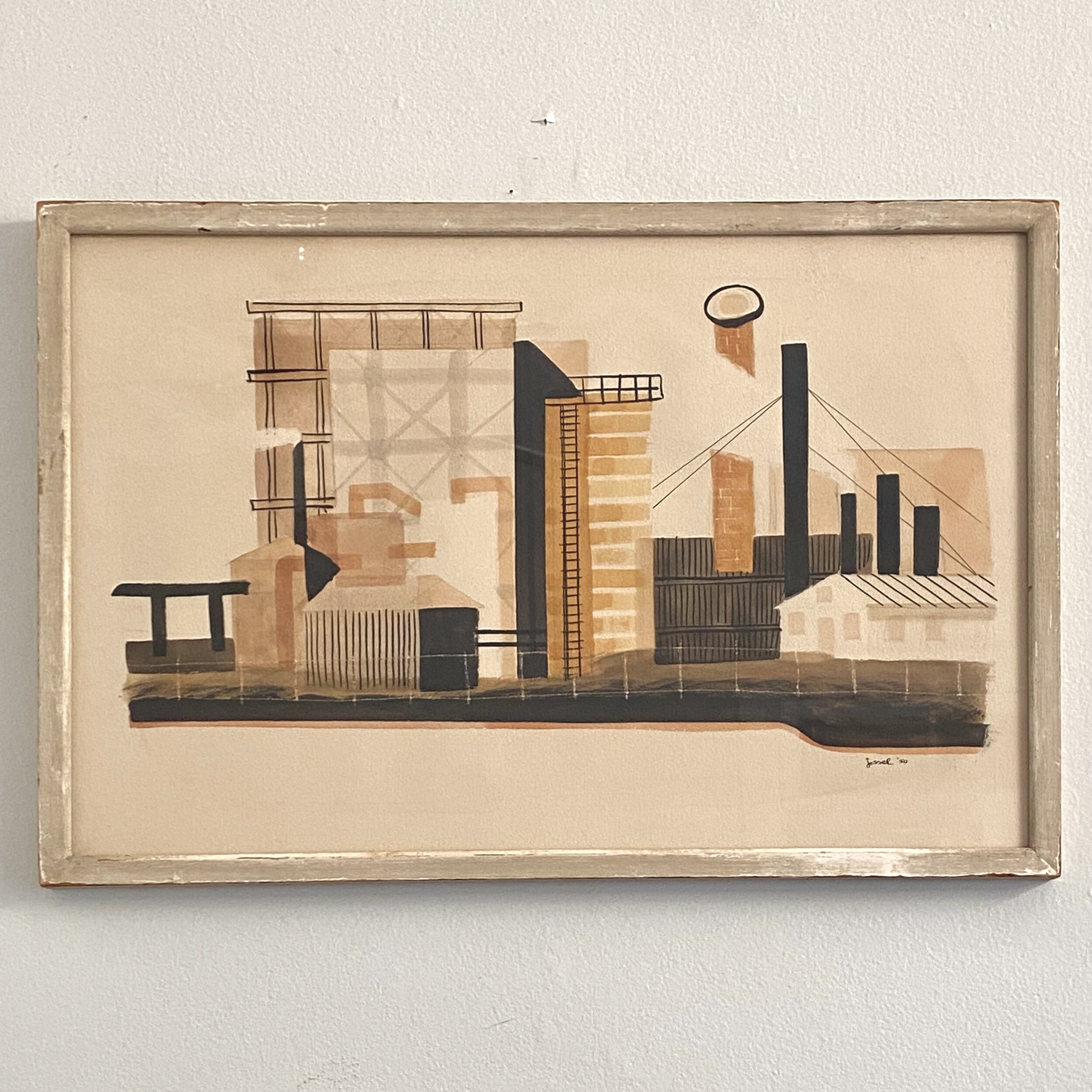 Leonard Jossel - Factory With Smokestacks (1950) Framed Watercolor Painting