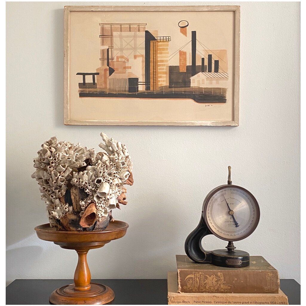 Leonard Jossel - Factory With Smokestacks (1950) Framed Watercolor Painting