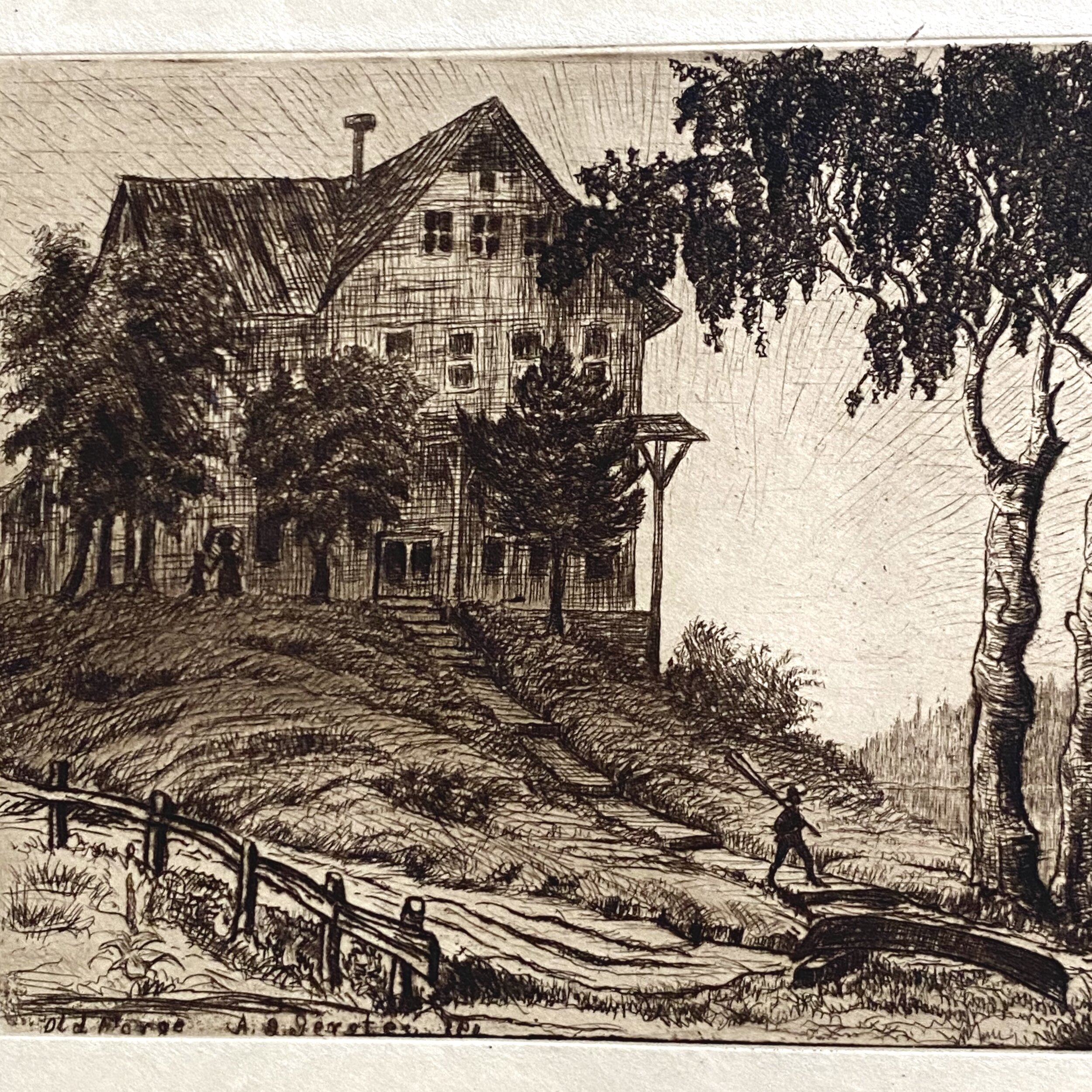 Large Antique Etching of House and Boat - Artist Unknown