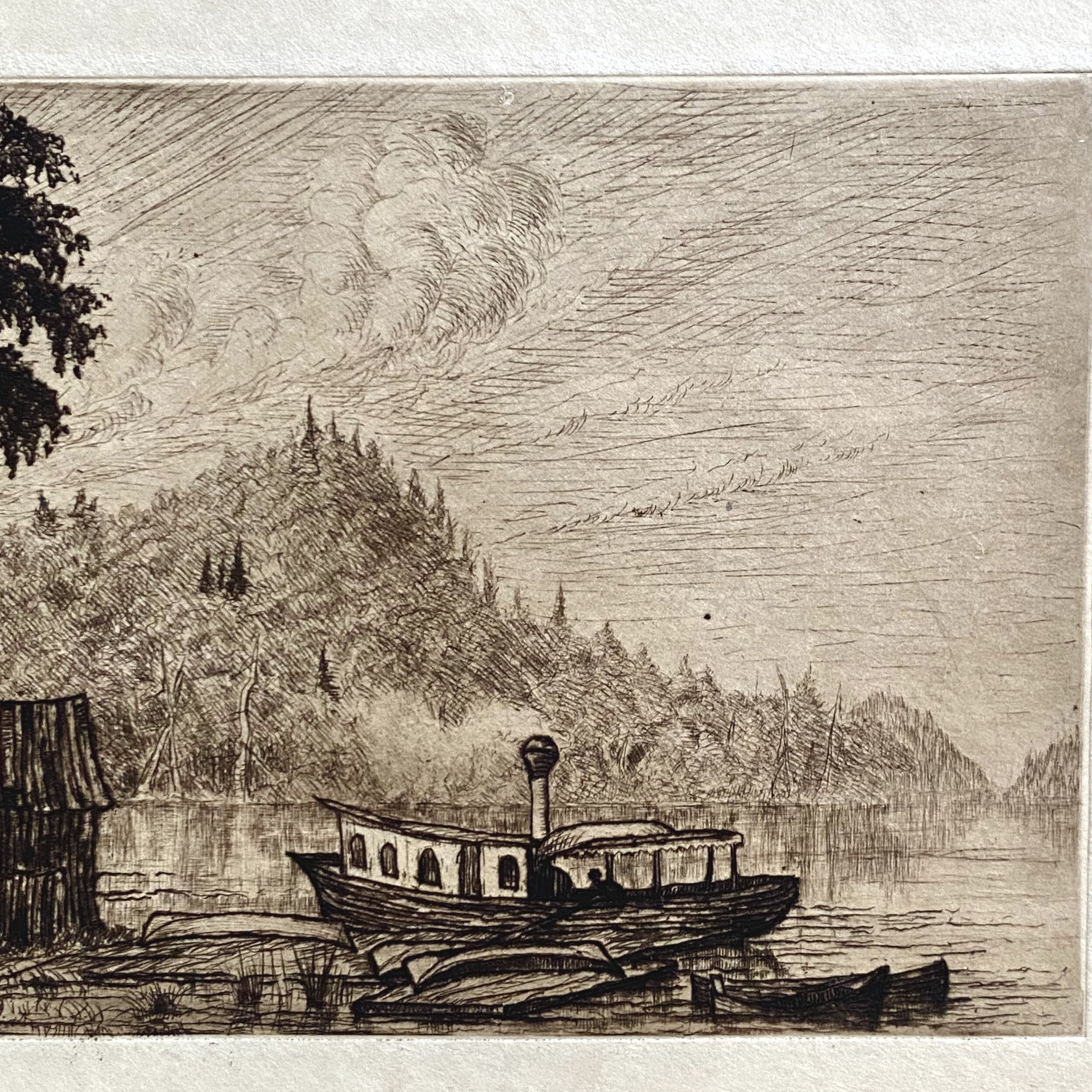 Large Antique Etching of House and Boat - Artist Unknown