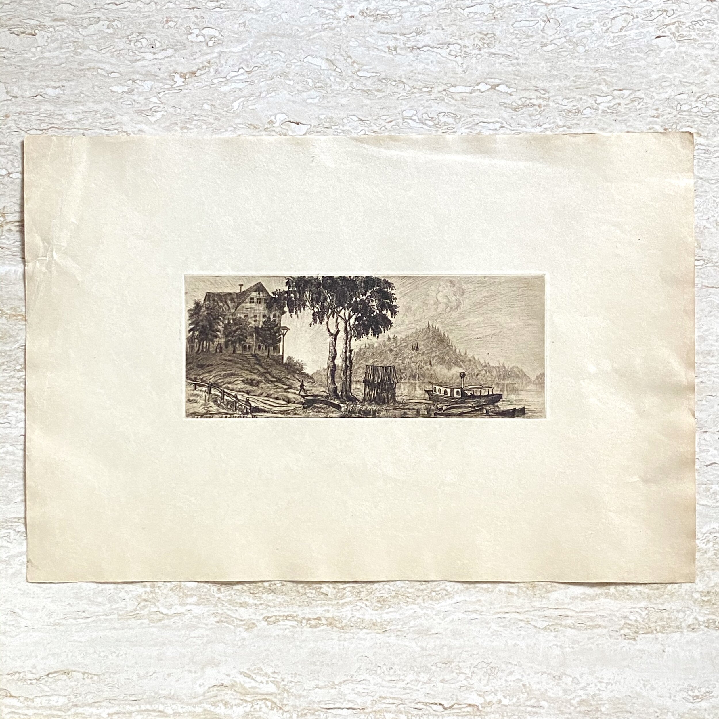 Large Antique Etching of House and Boat - Artist Unknown
