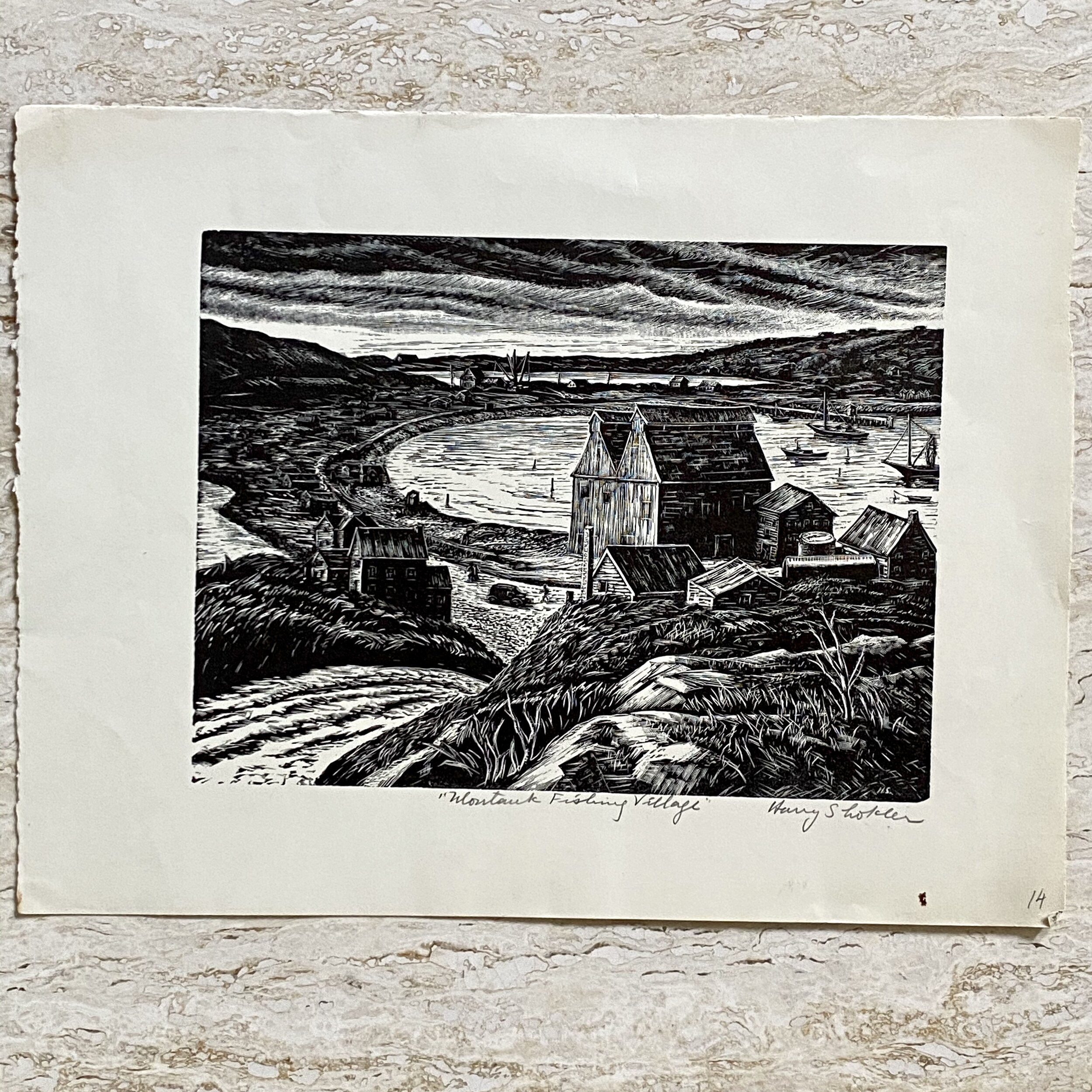 Harry Shokler - Montauk Fishing Village Wood Engraving (1935-SIgned)