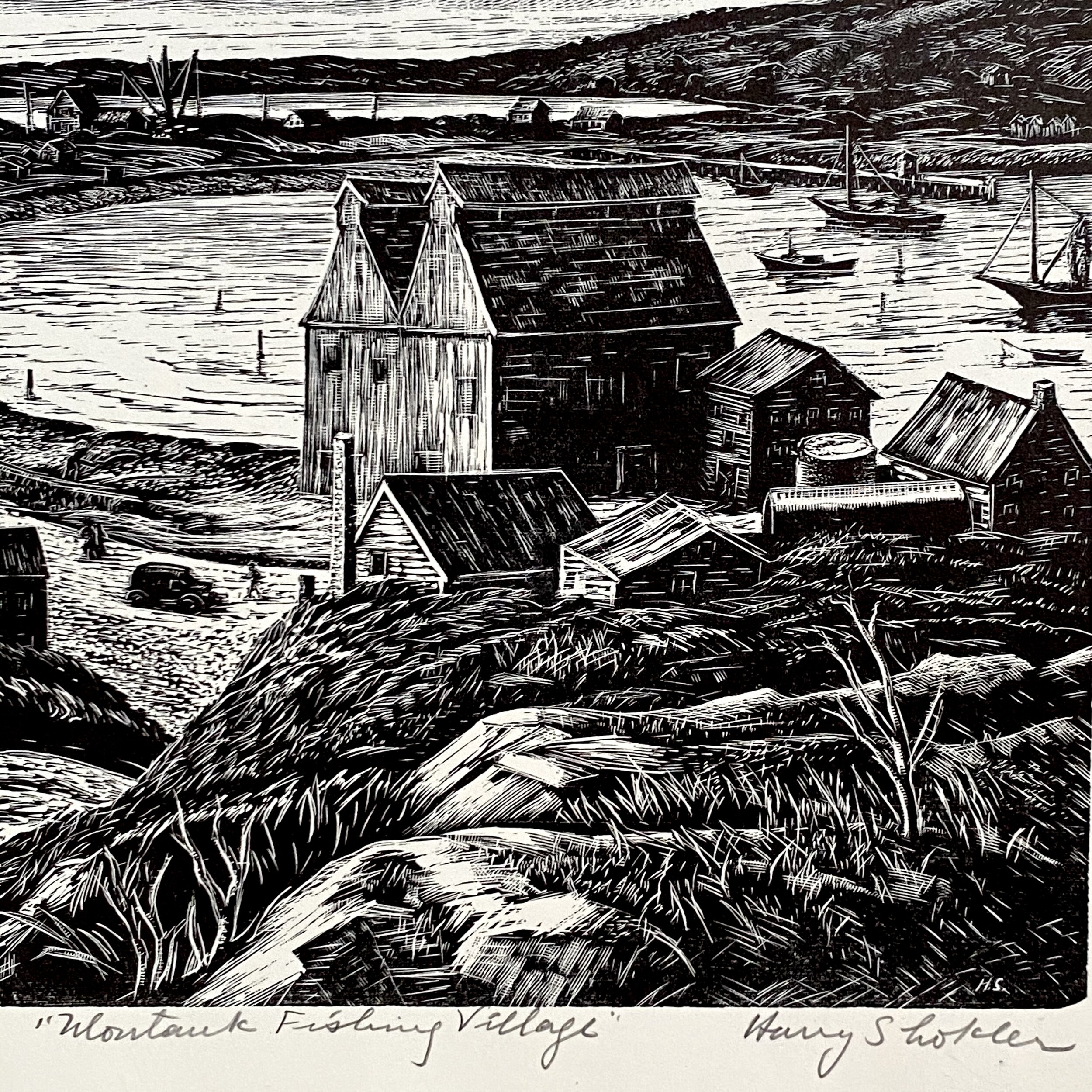 Harry Shokler - Montauk Fishing Village Wood Engraving (1935-SIgned)