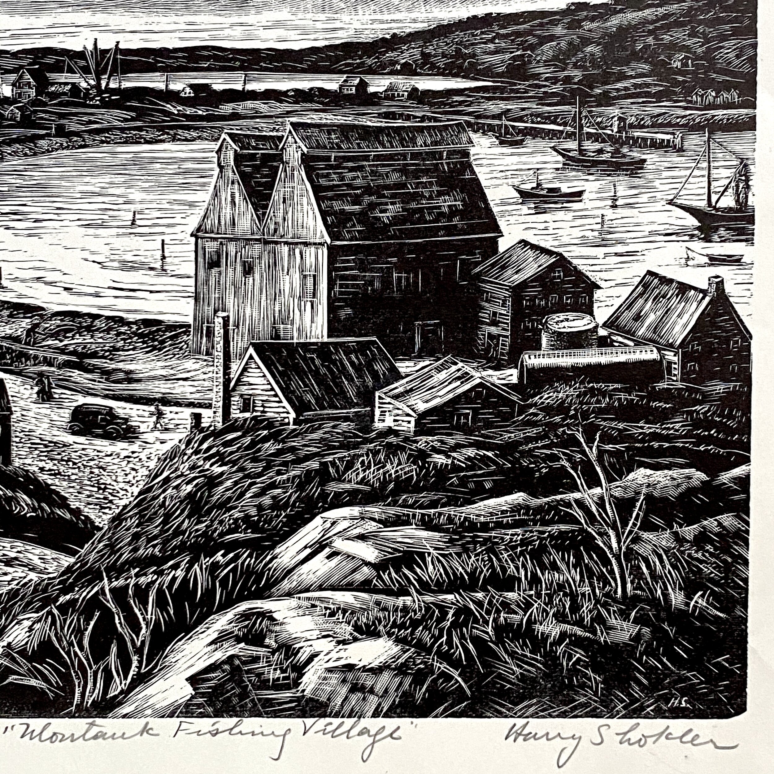 Harry Shokler - Montauk Fishing Village Wood Engraving (1935-SIgned)
