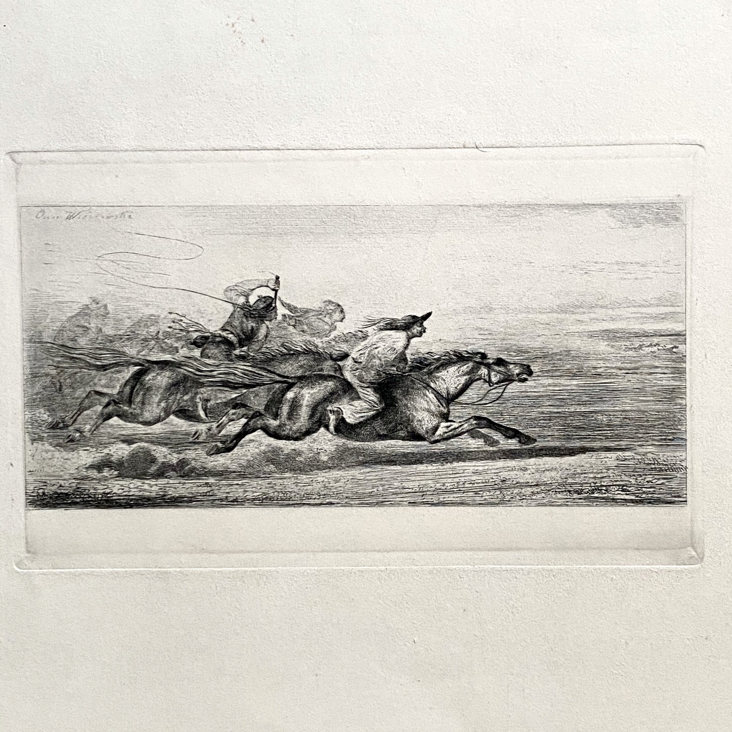 Large Antique Etching of Figures on Horses - Signed in plate