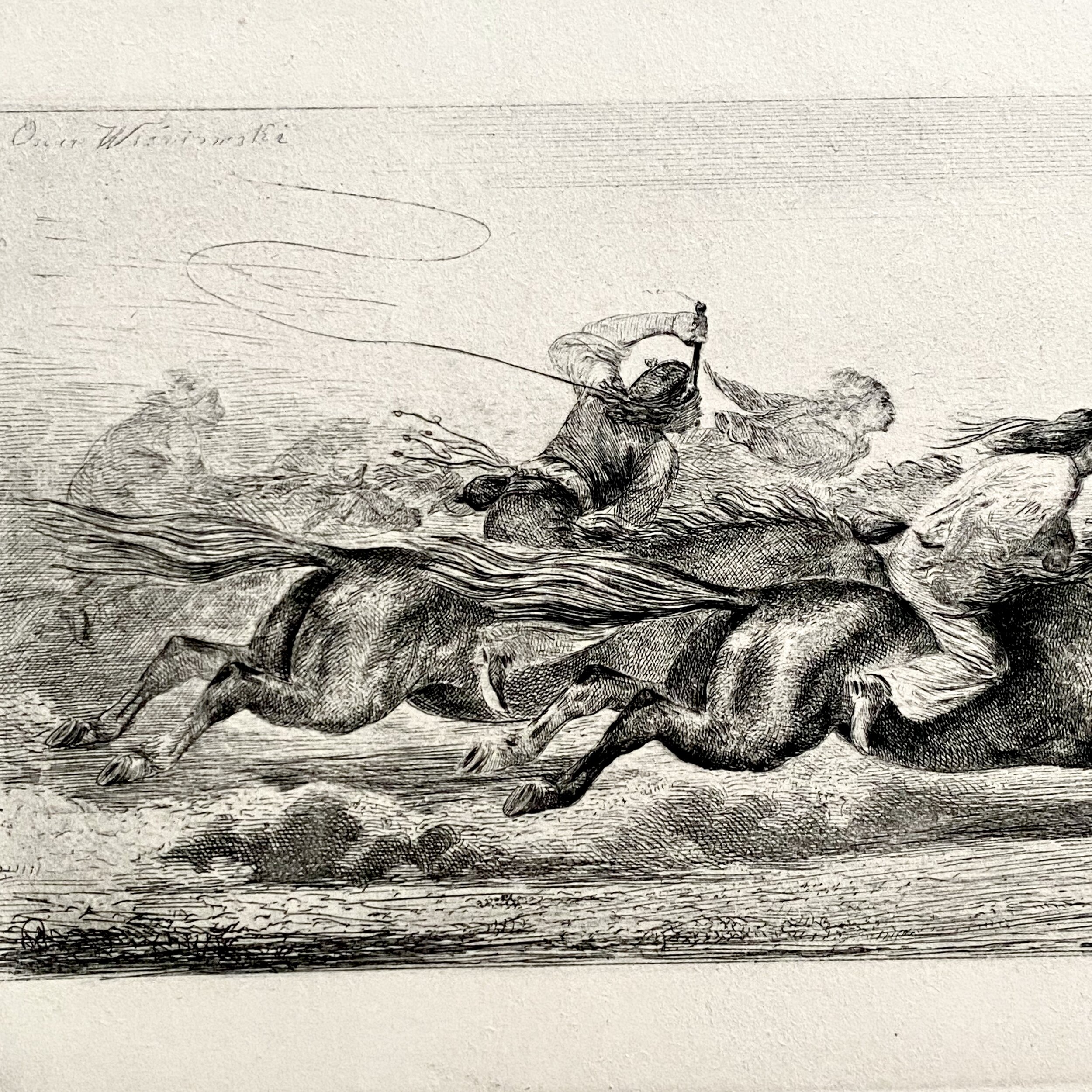 Large Antique Etching of Figures on Horses - Signed in plate