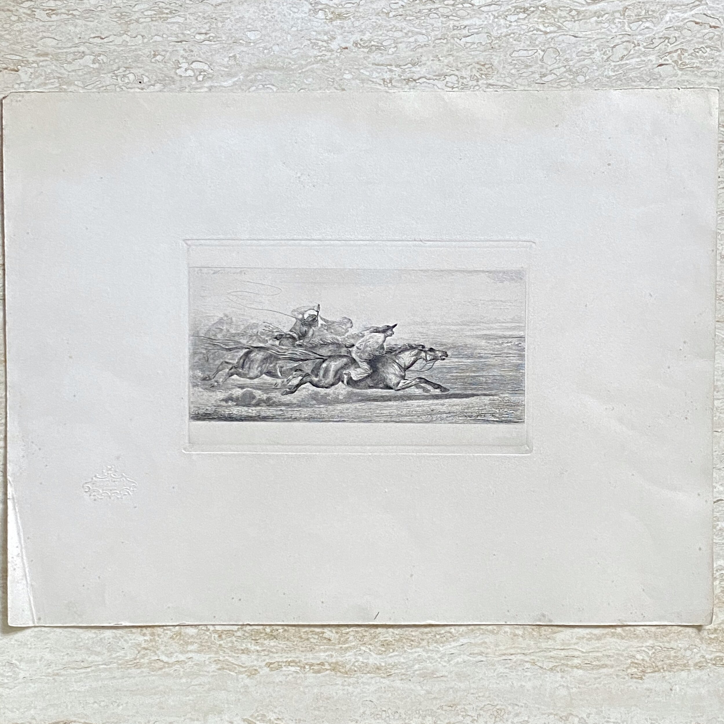 Large Antique Etching of Figures on Horses - Signed in plate